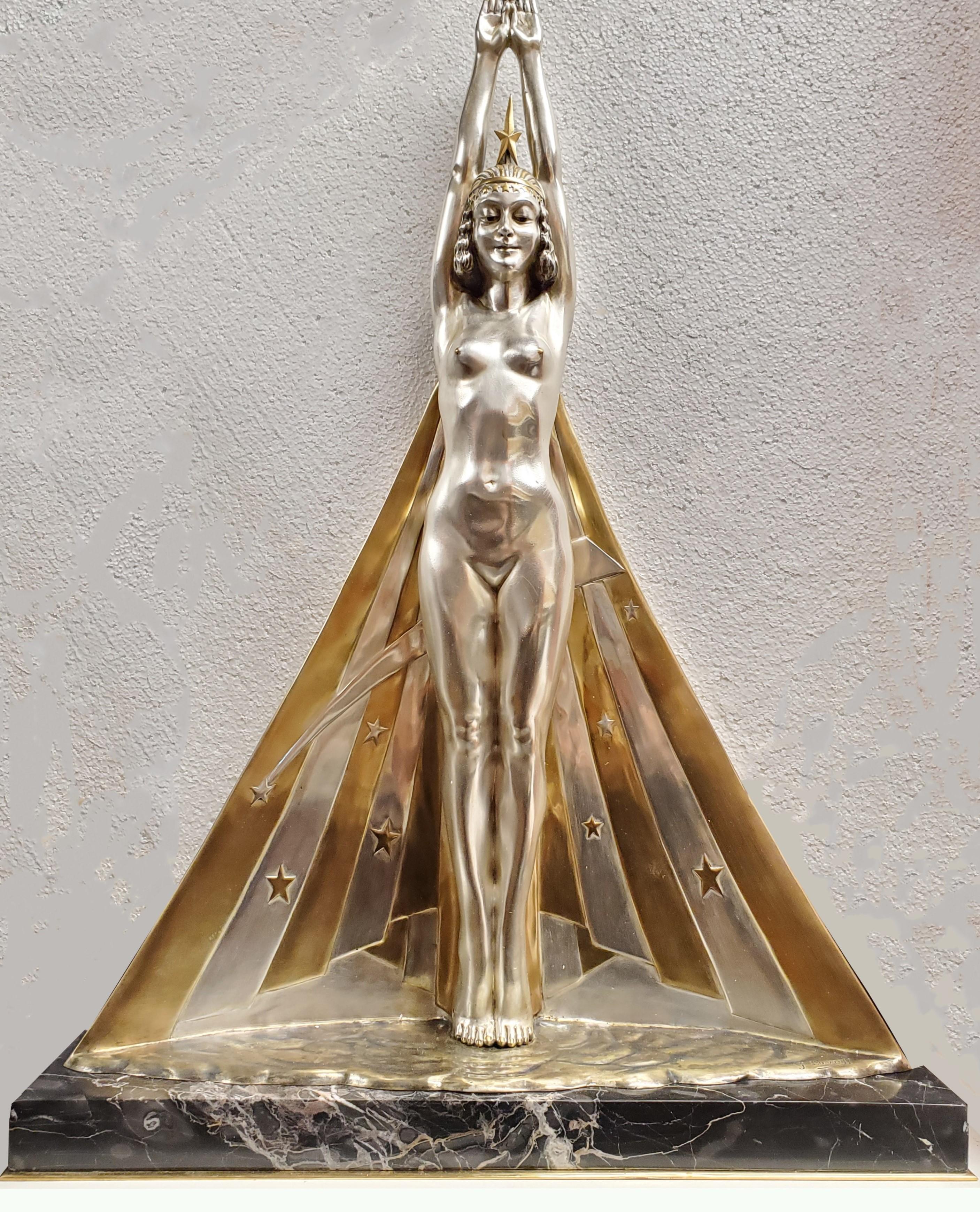 Monumental Important Art Deco Silver & Gilt Bronze Goddess G. Lavaroff For Sale 12