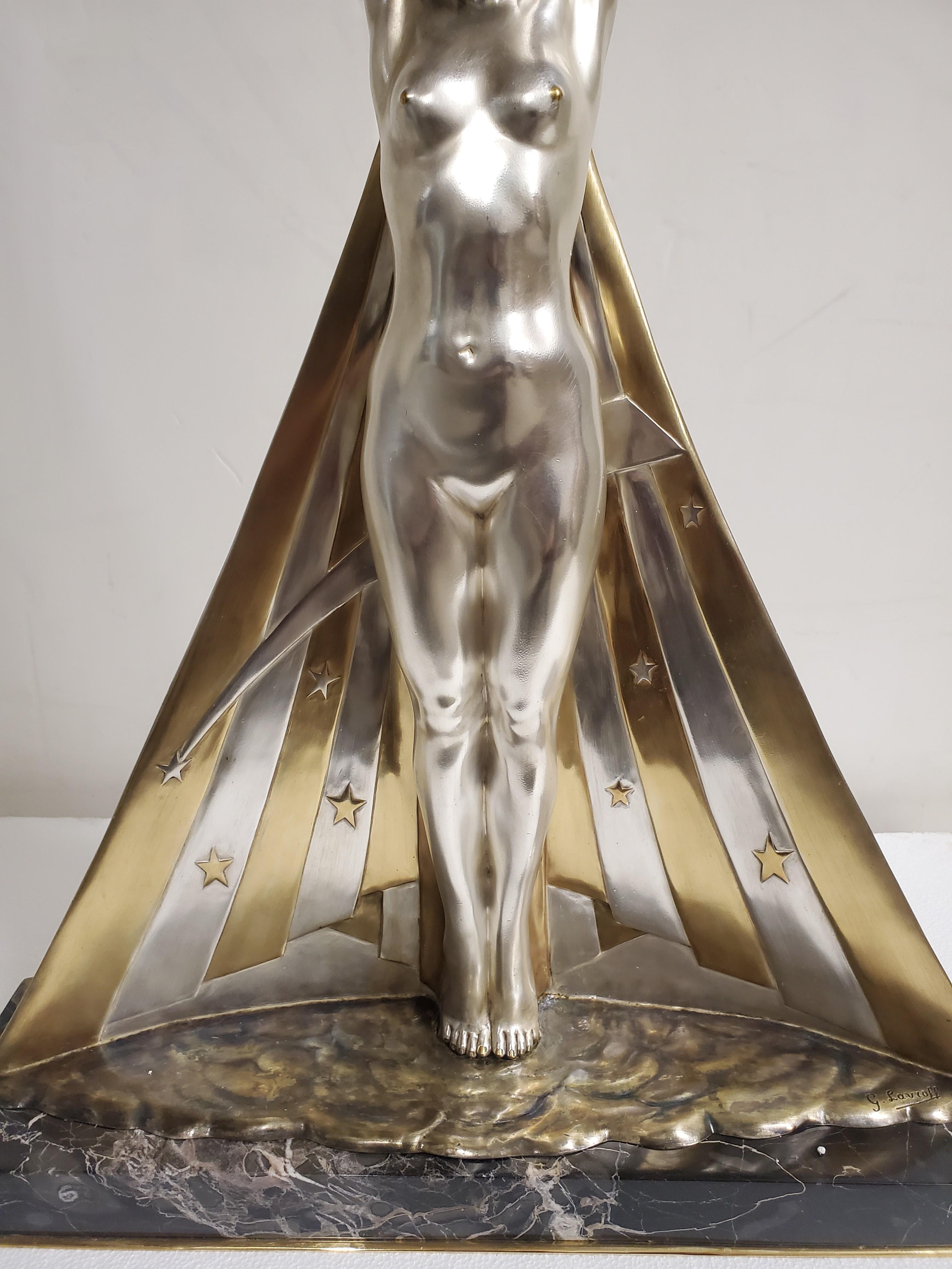French Monumental Important Art Deco Silver & Gilt Bronze Goddess G. Lavaroff For Sale