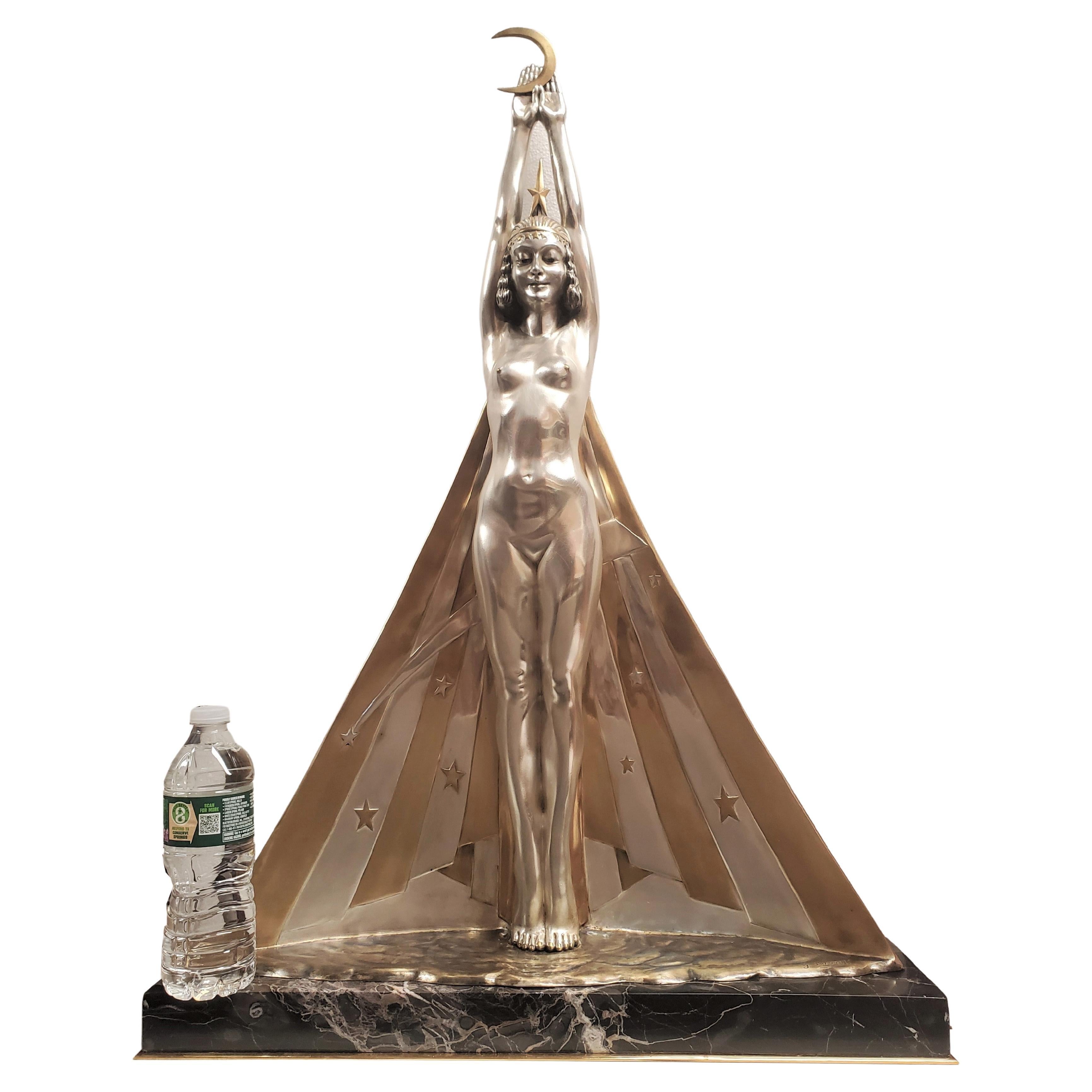 Monumental Important Art Deco Silver & Gilt Bronze Goddess G. Lavaroff For Sale