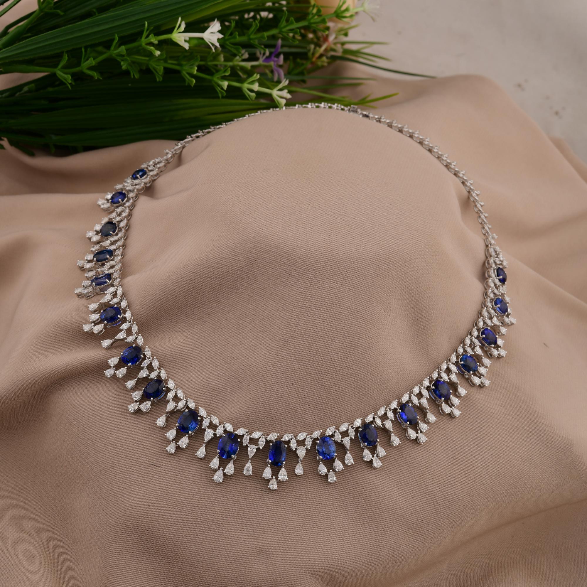 Oval Cut 33 Tcw Blue Sapphire Gemstone SI/H Diamond 18 Karat White Gold Necklace Jewelry For Sale