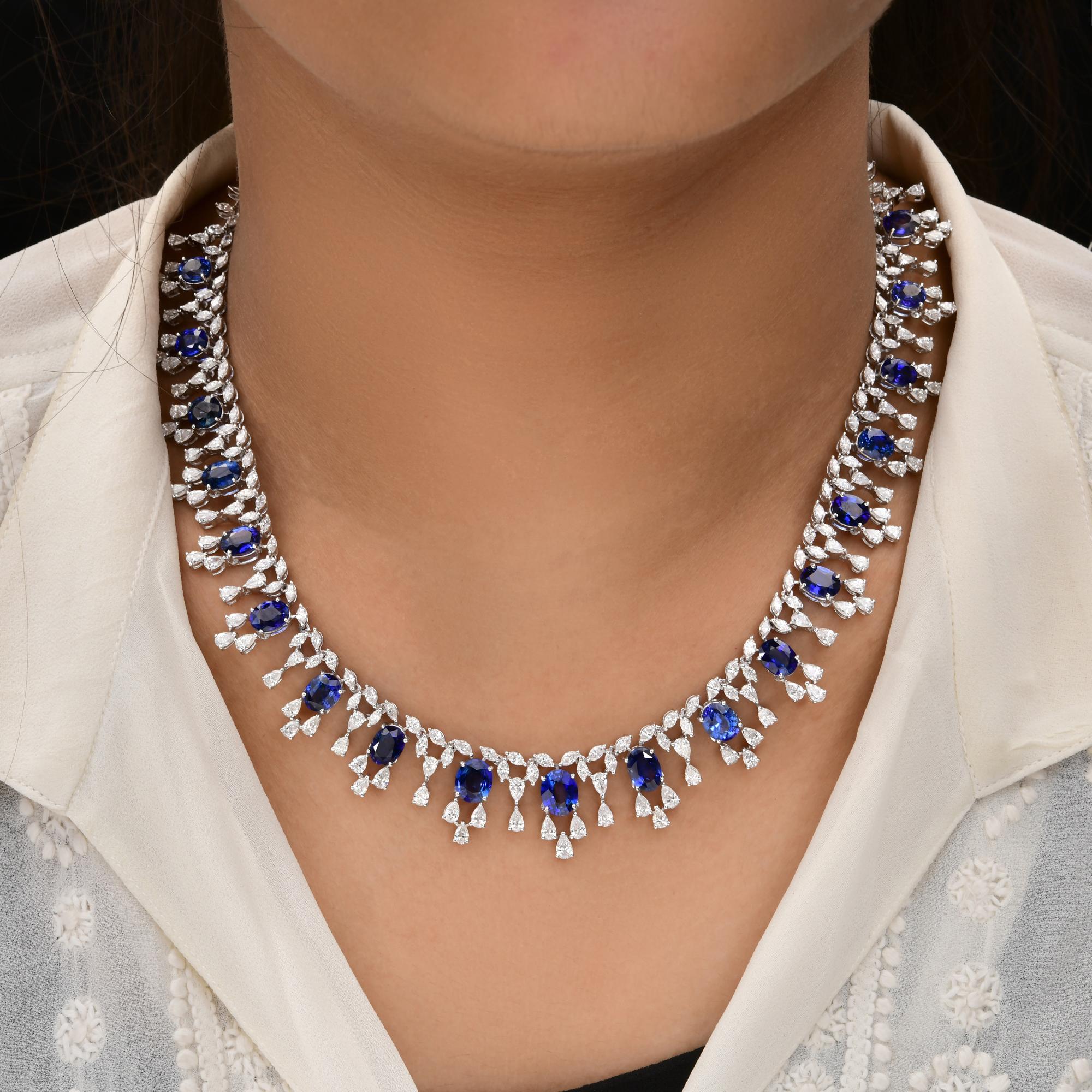 33 Tcw Blue Sapphire Gemstone SI/H Diamond 18 Karat White Gold Necklace Jewelry For Sale 1