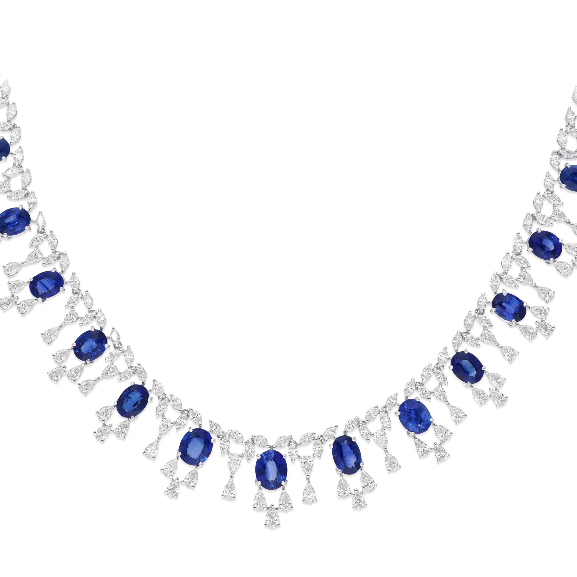 33 Tcw Blue Sapphire Gemstone SI/H Diamond 18 Karat White Gold Necklace Jewelry For Sale 2