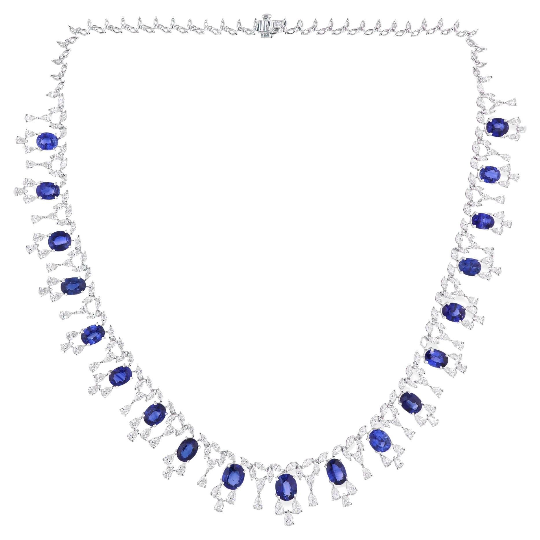 33 Tcw Blue Sapphire Gemstone SI/H Diamond 18 Karat White Gold Necklace Jewelry