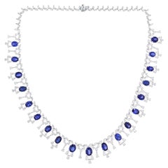 33 Tcw Zafiro Azul Gema SI/H Diamante 18 Kilates Oro Blanco Collar Joyas