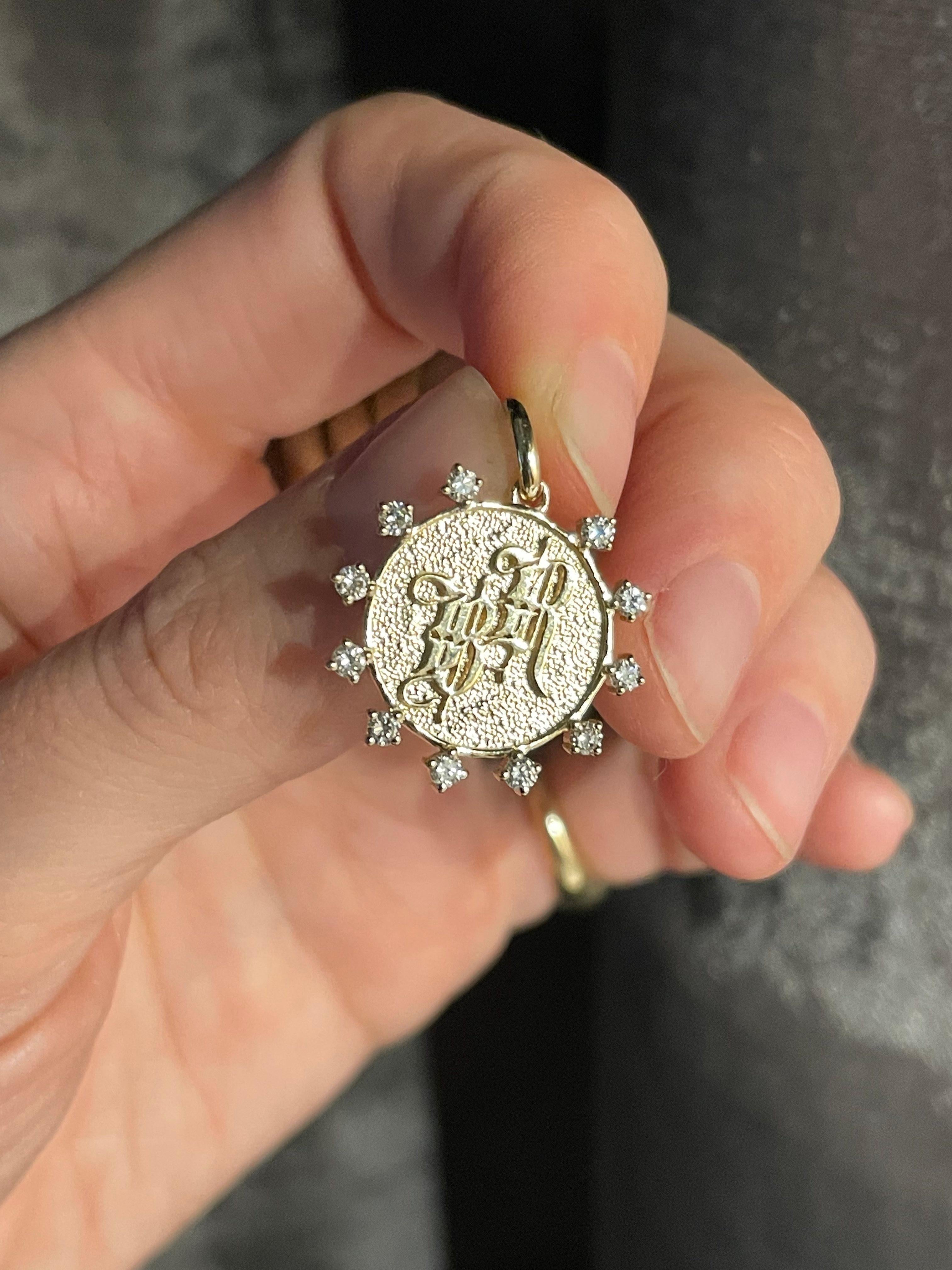 Women's Contemporary Art Deco Gothic Diamond 14k Gold Initial Pendant Medallion For Sale