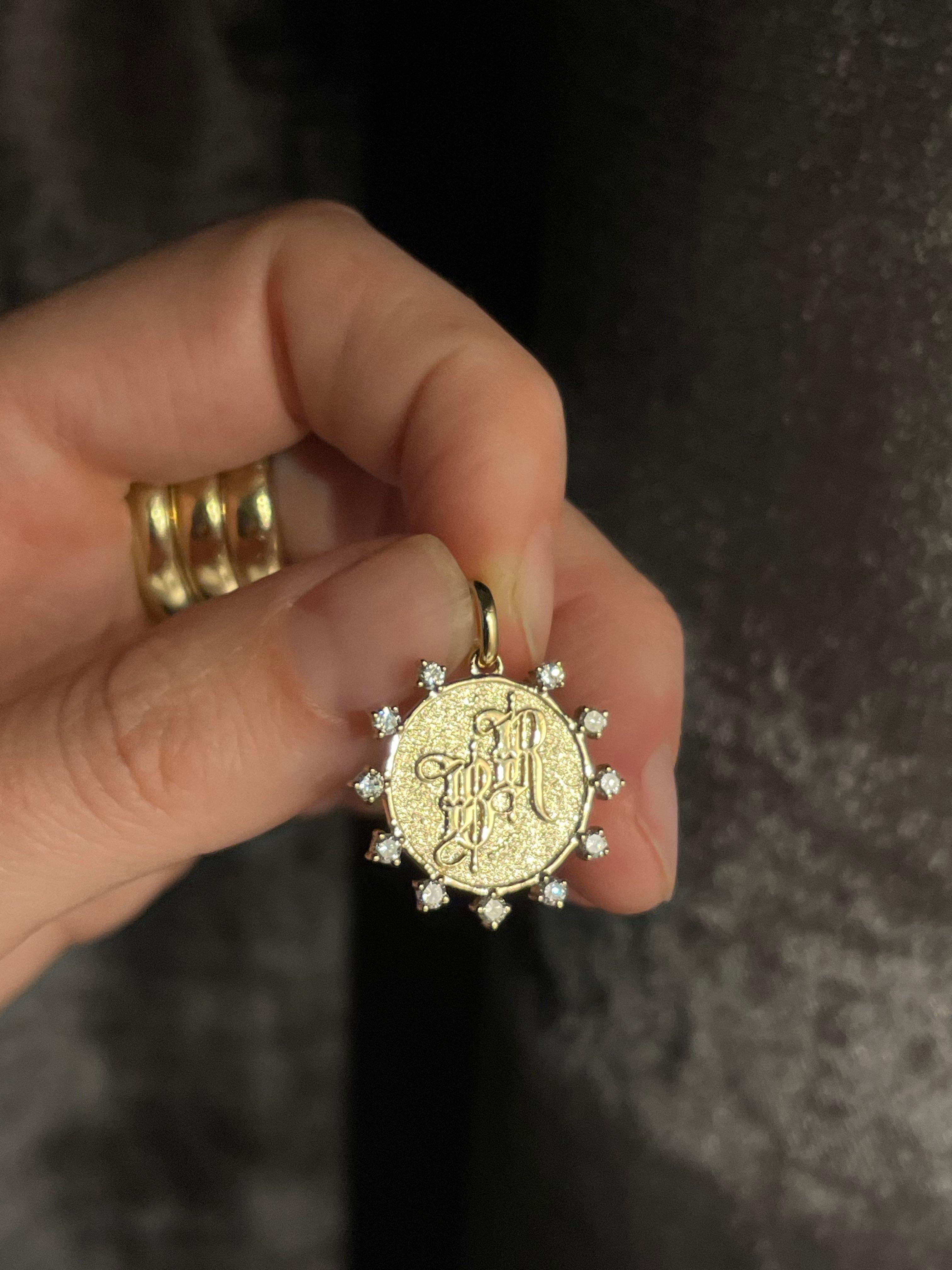 Contemporary Art Deco Gothic Diamond 14k Gold Initial Pendant Medallion For Sale 1