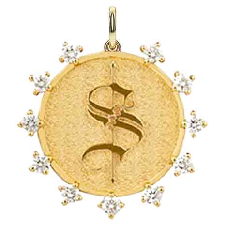 Contemporary Art Deco Gothic Diamond 14k Gold Initial Pendant Medallion For Sale