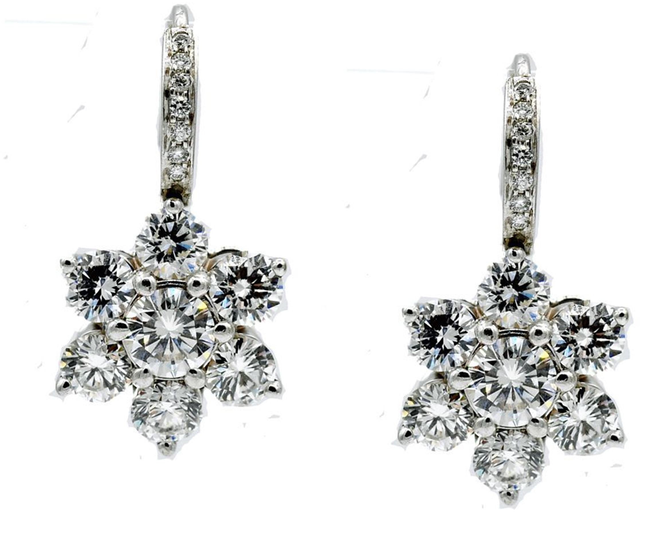 Round Cut 3.35 Carat 18K White Gold Flower Cluster Diamond Clip-On Earrings For Sale