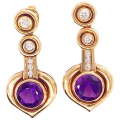 3.30 Carat Amethyst and Diamond Custom Estate Earrings in 18 Karat Yellow Gold