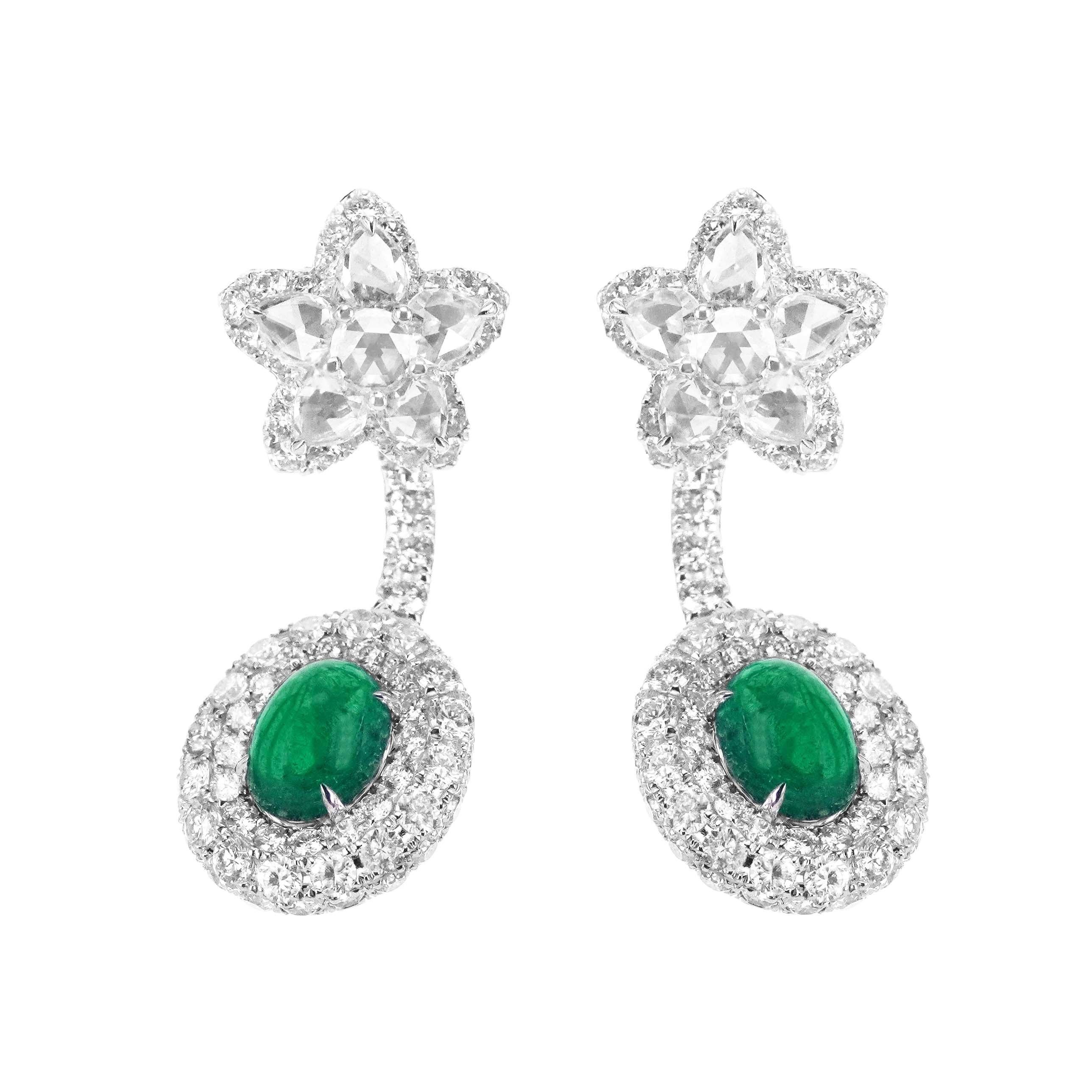 3.30 Carat Colombian Emerald 5.84 Carat White Diamond Subtle Drop Earring For Sale