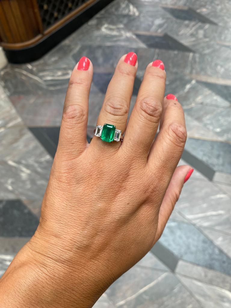 Modern 3.30 Carat Columbian Emerald and Diamond Three Stone Platinum Engagement Ring