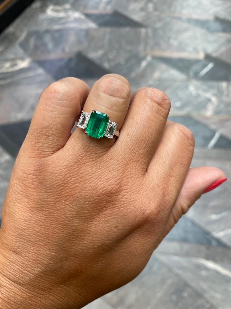 3.30 Carat Columbian Emerald and Diamond Three Stone Platinum Engagement Ring 1