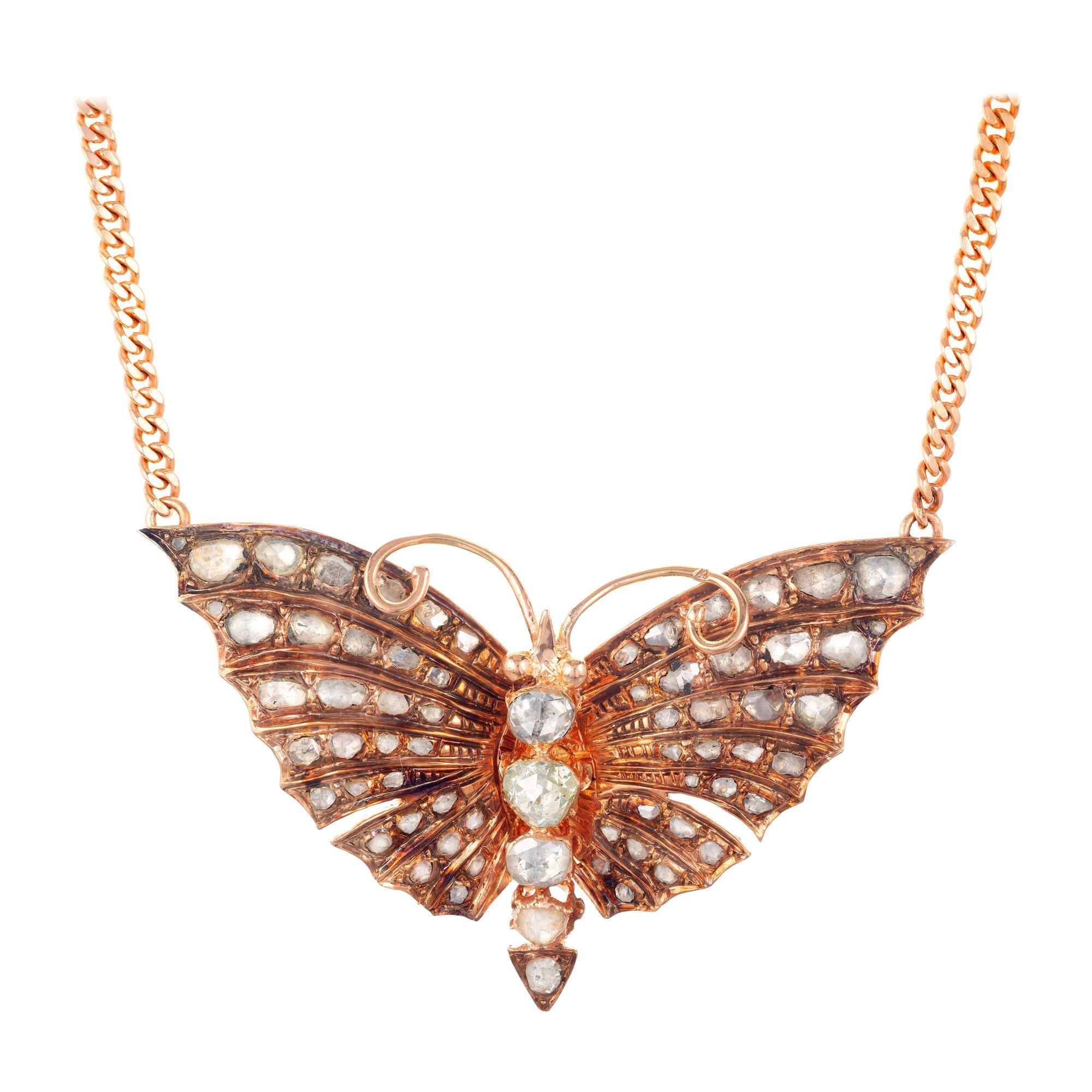 3.30 Carat Diamond 14 Karat Rose Gold Victorian Butterfly Pendant Necklace
