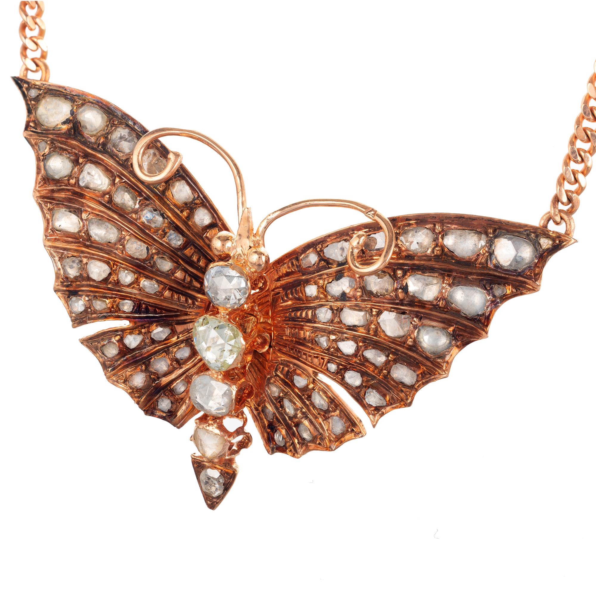 Rose Cut 3.30 Carat Diamond 14 Karat Rose Gold Victorian Butterfly Pendant Necklace