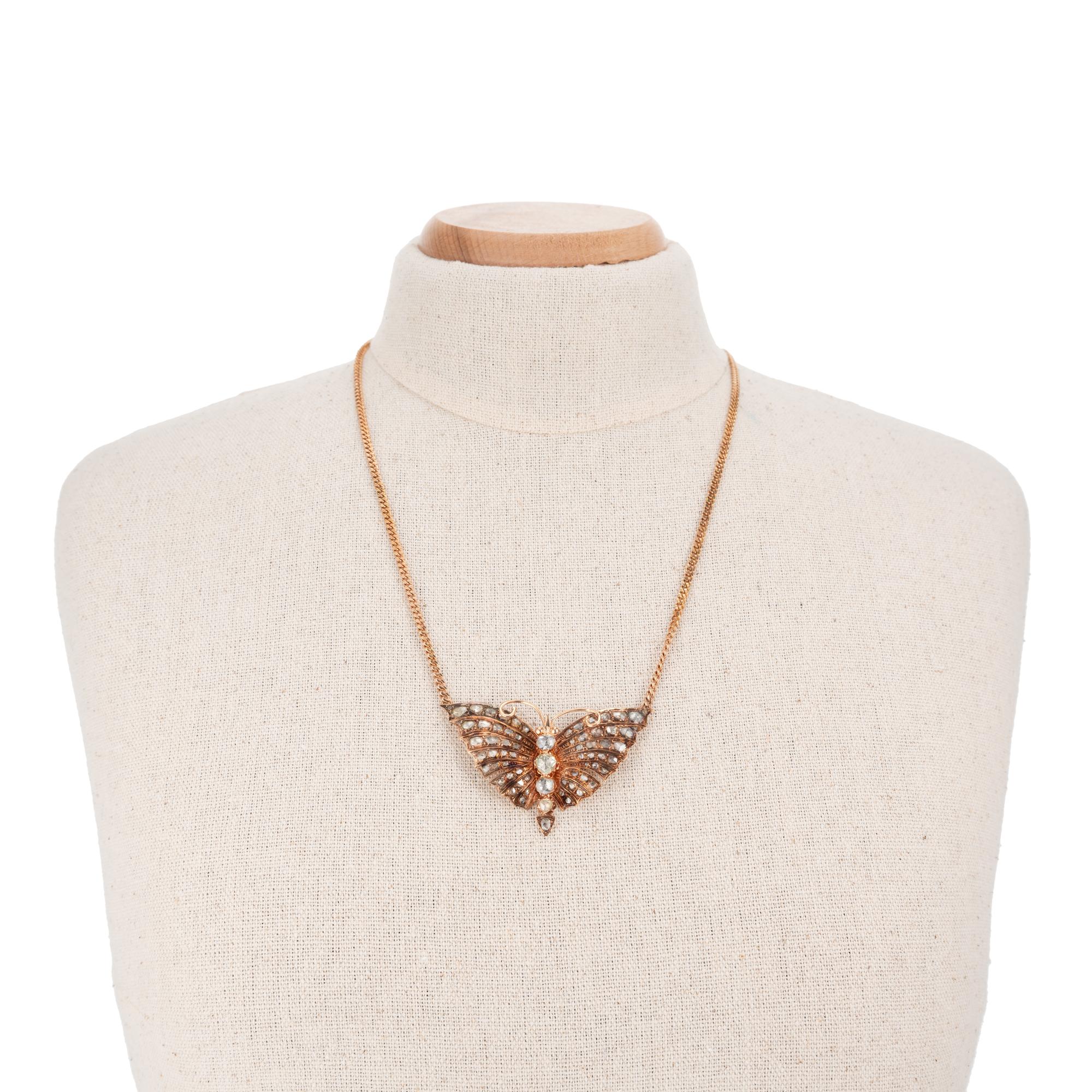 3.30 Carat Diamond 14 Karat Rose Gold Victorian Butterfly Pendant Necklace In Good Condition In Stamford, CT