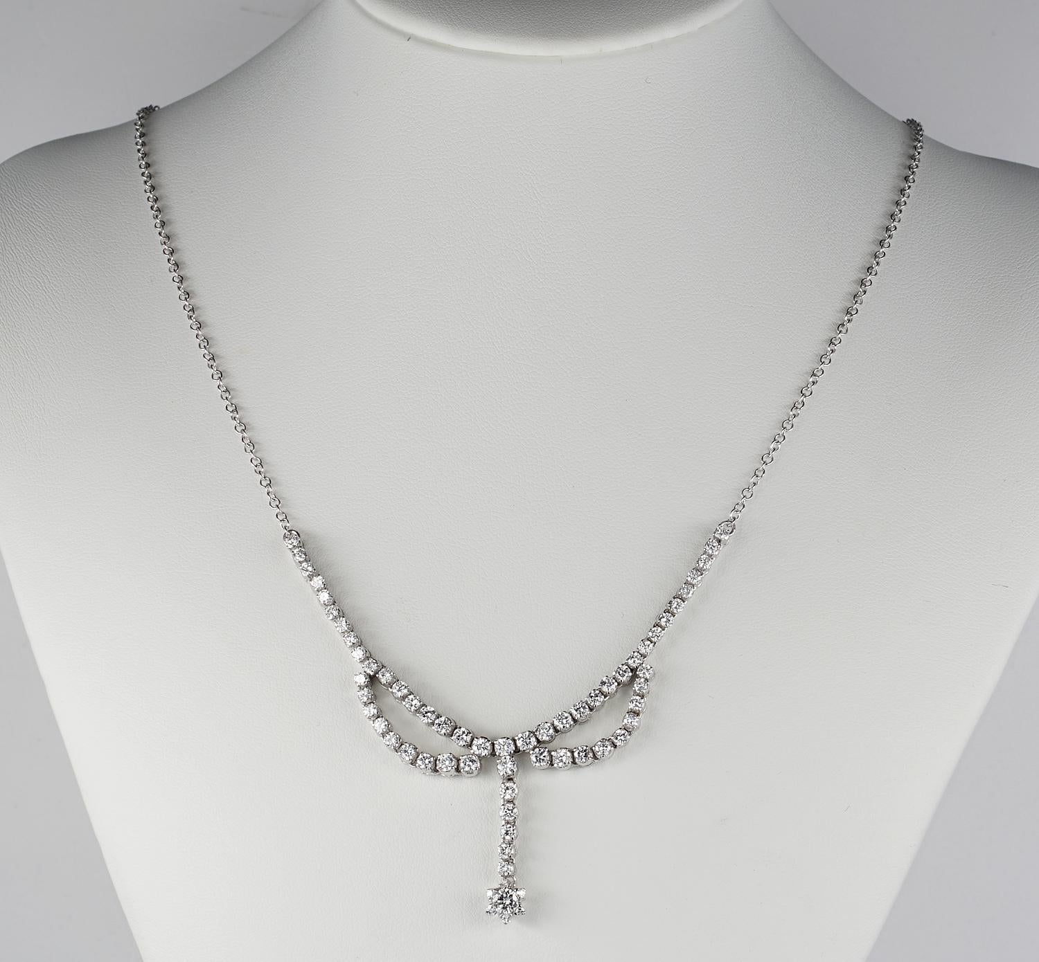 Glance of Brilliance!

Classy, eternal elegance is expressed in this outstanding high quality Diamond necklace
Attractive for all generations since does not fear time passing by
Hand crafted of solid 18 KT white gold, not marked, this piece is