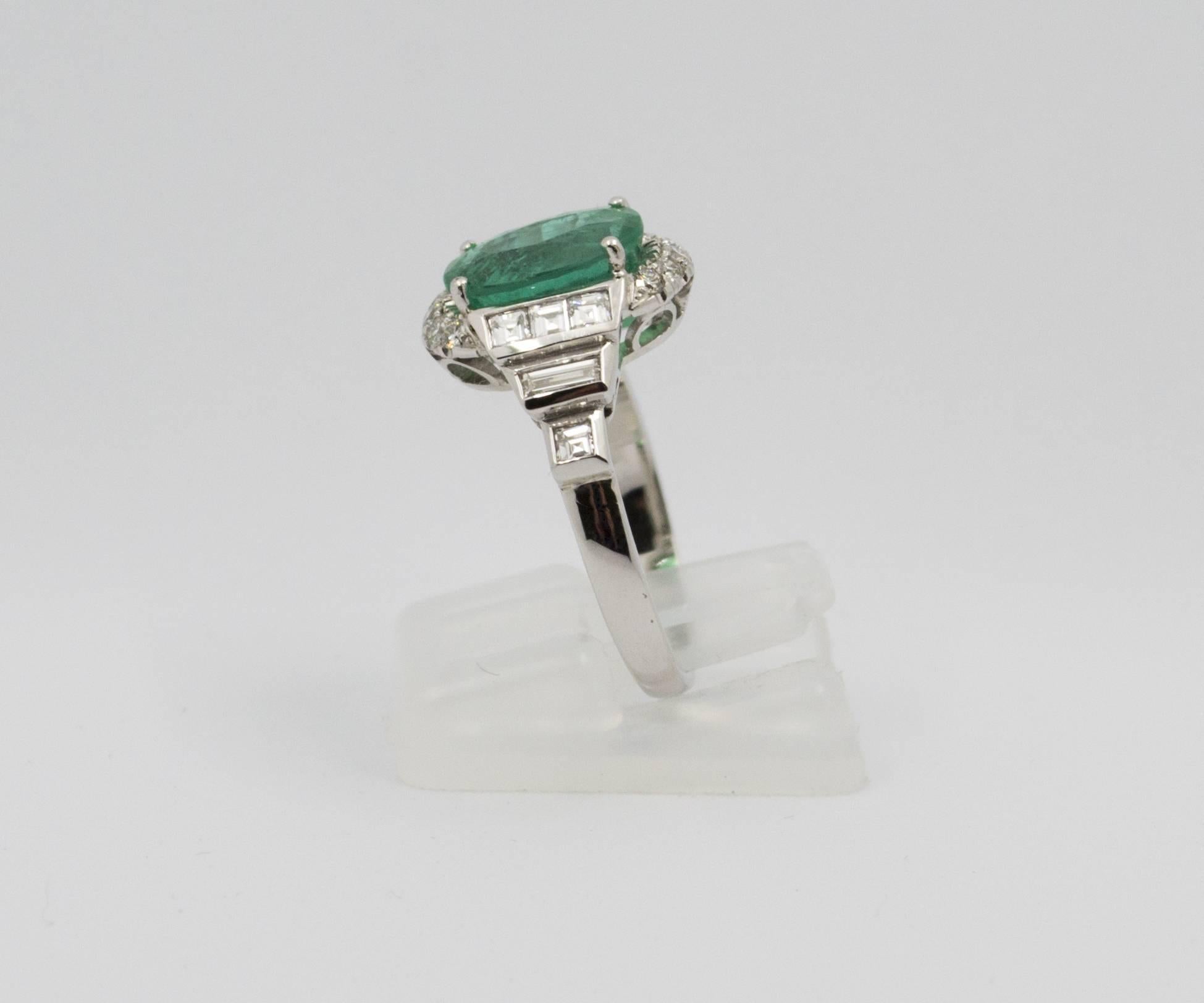 Women's or Men's 3.30 Carat Emerald 0.90 Carat Diamond White Cocktail Ring
