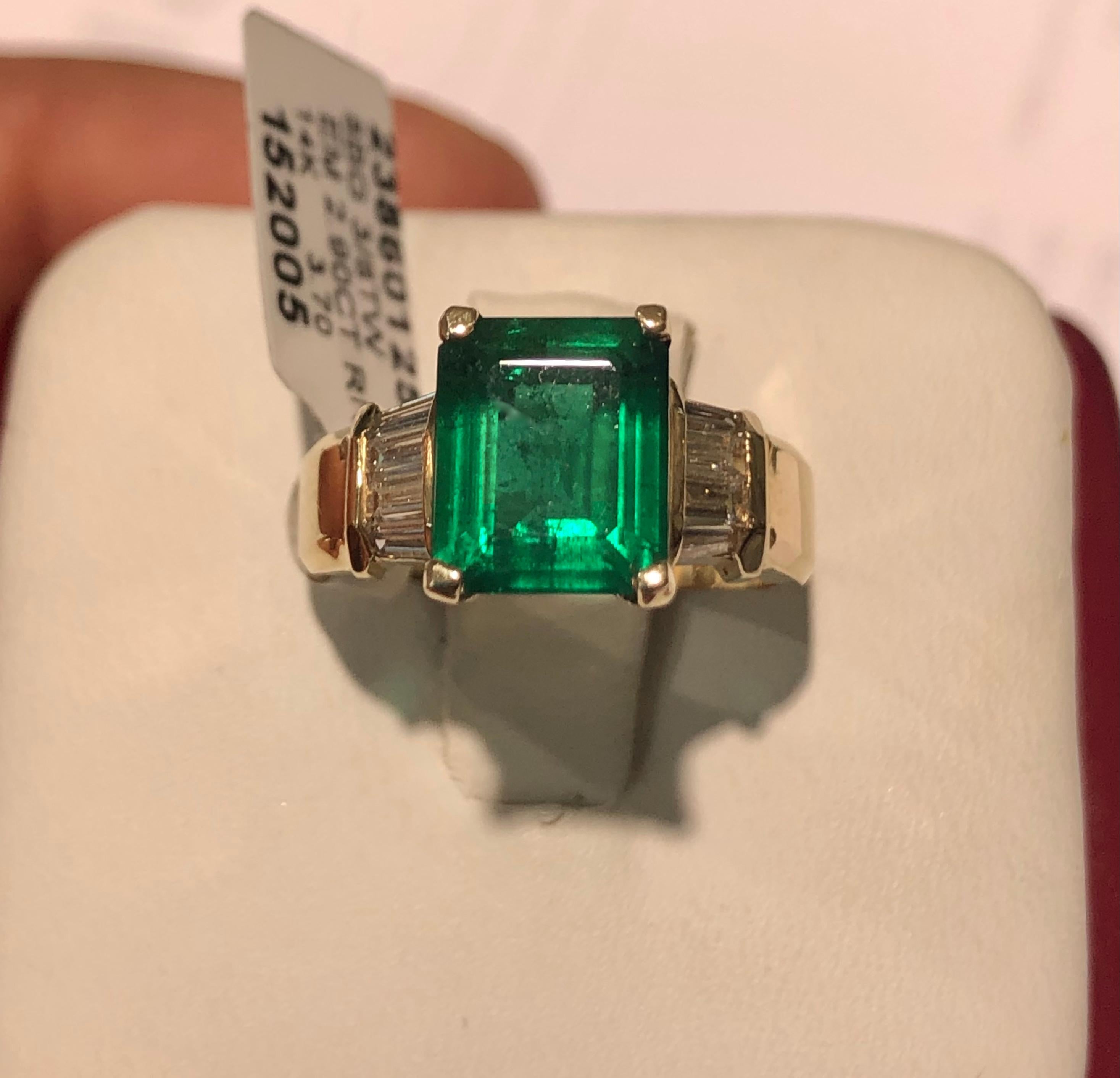 Emerald Cut 3.30 Carat Emerald and Diamond Estate Engagement Ring Gold For Sale