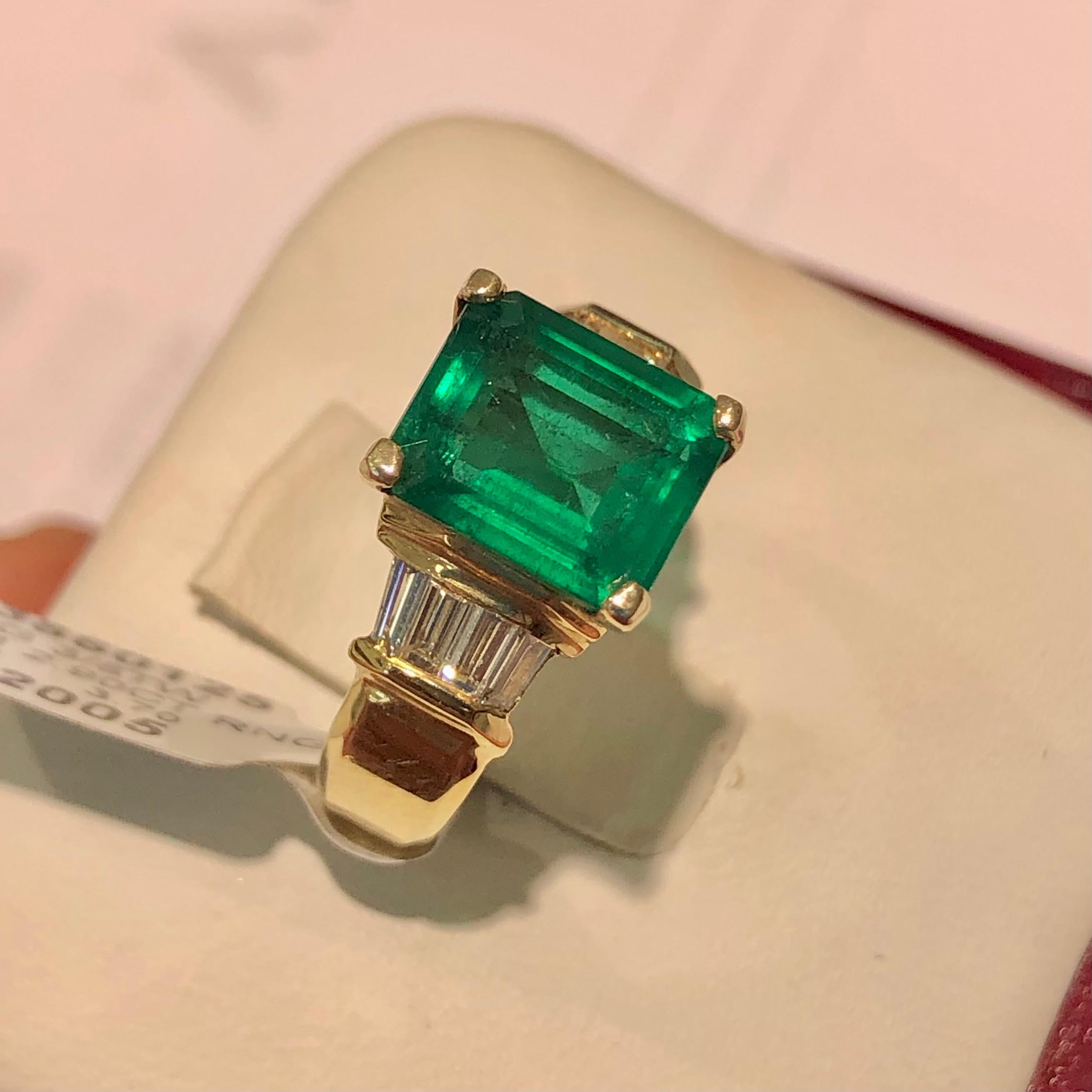 3.30 Carat Emerald and Diamond Estate Engagement Ring Gold For Sale 2