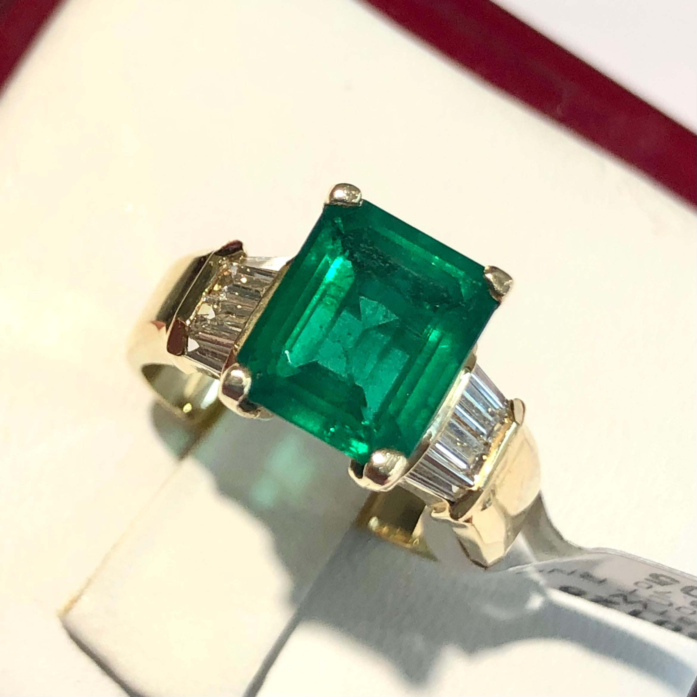 3.30 Carat Emerald and Diamond Estate Engagement Ring Gold For Sale 4
