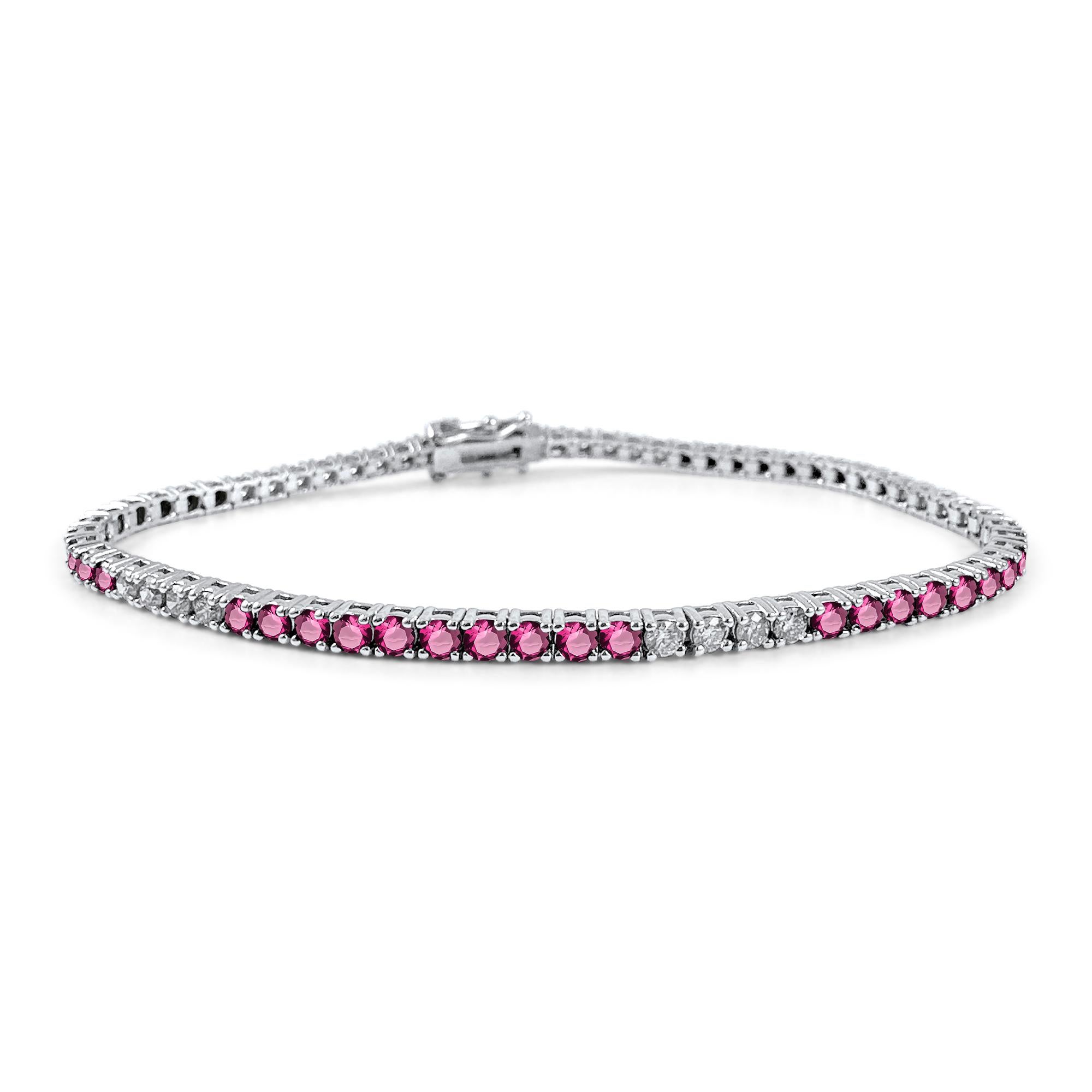Round Cut 3.30 Carat Emerald and Diamond Tennis Bracelet in 14K White Gold, 7 Inches For Sale