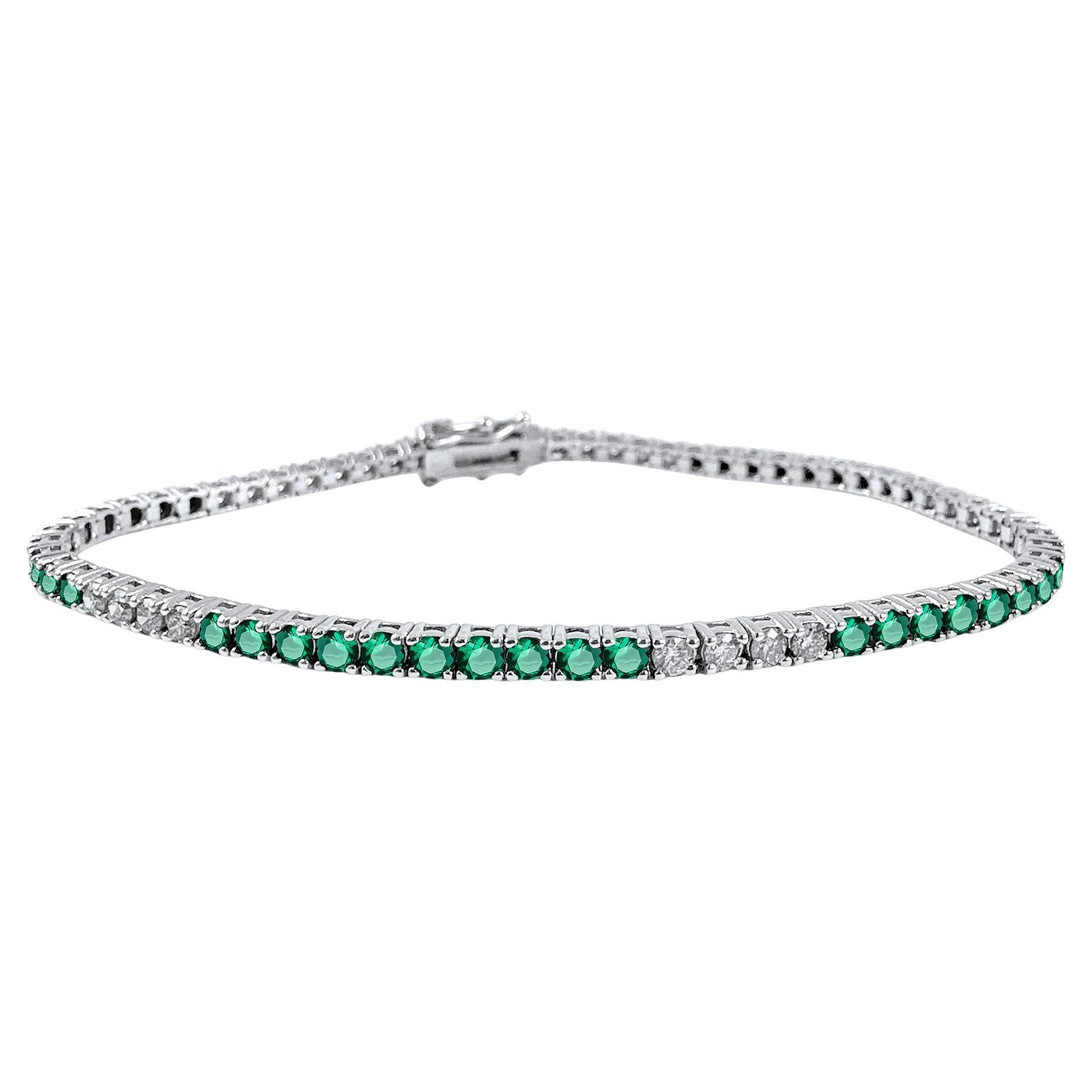 3.30 Carat Emerald and Diamond Tennis Bracelet in 14K White Gold, 7 Inches