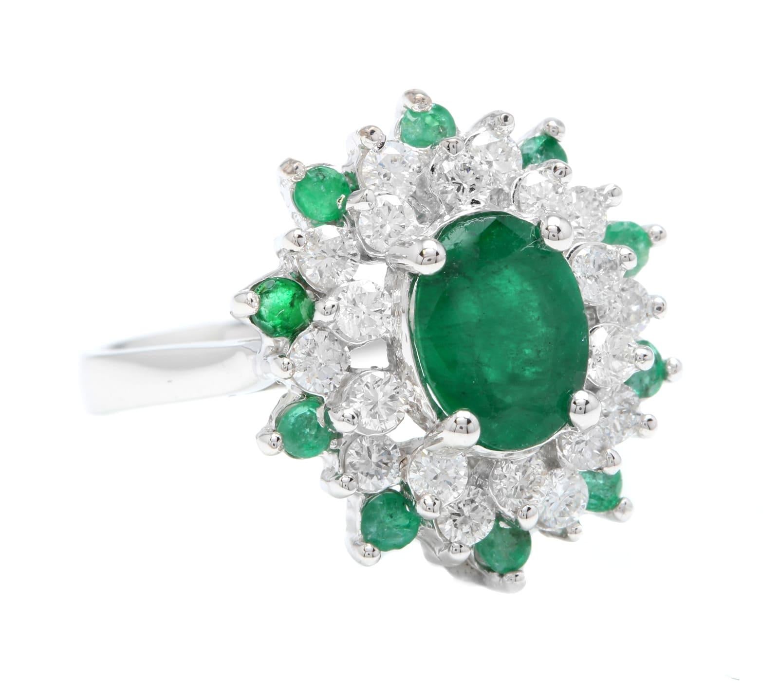3.30 Carats Exquisite Emerald and Diamond 14K Solid White Gold Ring

Total Emerald Weight is: Approx. 2.50 Carats

Emerald Measures: Approx. 9.00 x 7.00mm

Natural Round Diamonds Weight: Approx. 0.80 Carats (color G-H / Clarity SI1-SI2)

Ring size: