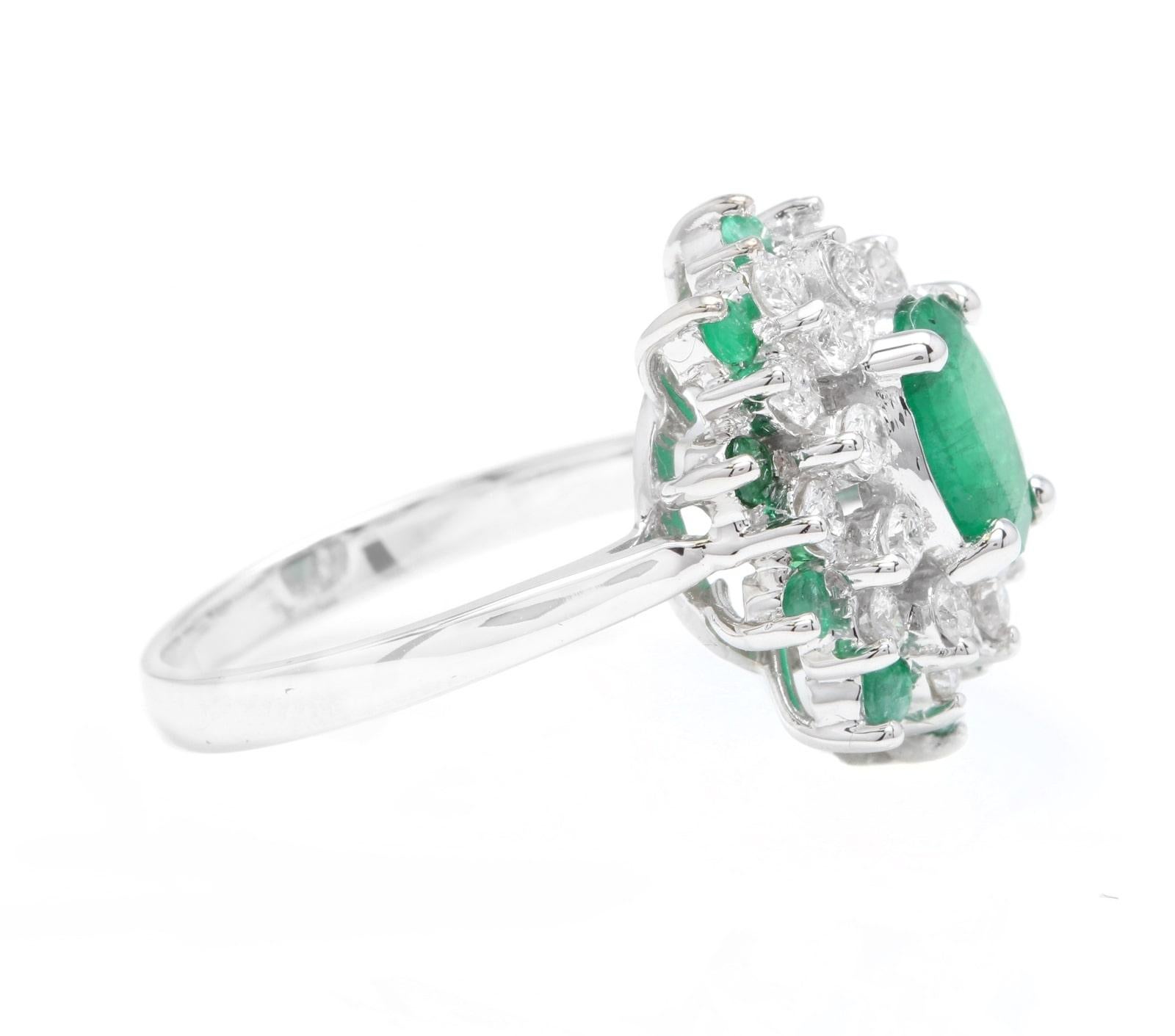 Emerald Cut 3.30 Carat Exquisite Emerald and Diamond 14 Karat Solid White Gold Ring For Sale