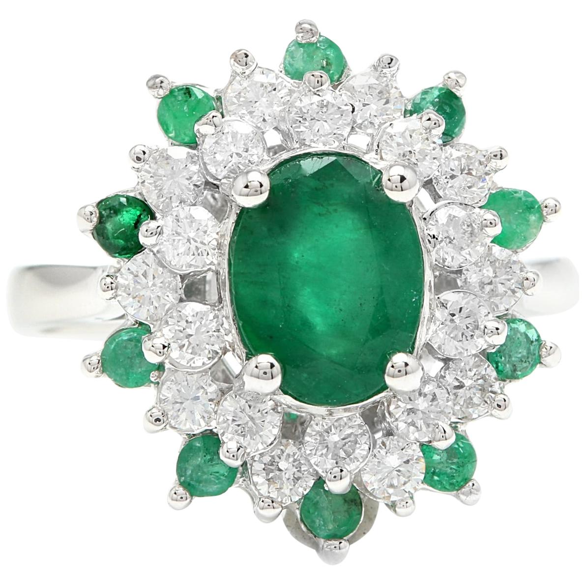 3.30 Carat Exquisite Emerald and Diamond 14 Karat Solid White Gold Ring For Sale