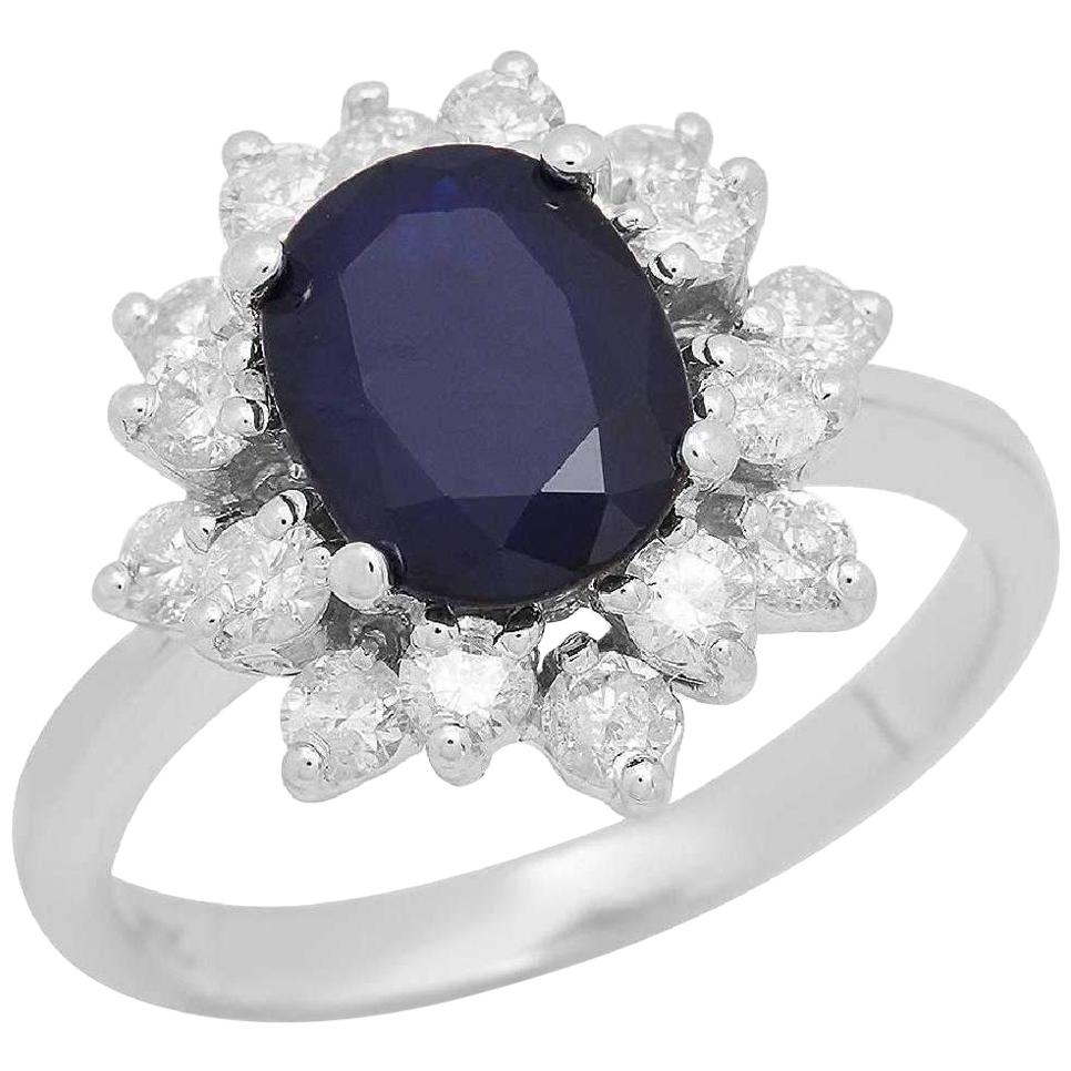 3.30 Carat Exquisite Natural Blue Sapphire and Diamond 14 Karat Solid White Gold