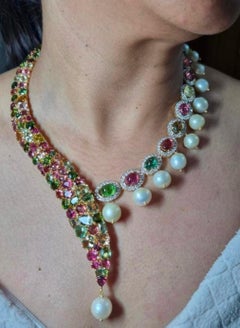 330 carat Green Pink Tourmaline Diamond Necklace set, three piece set