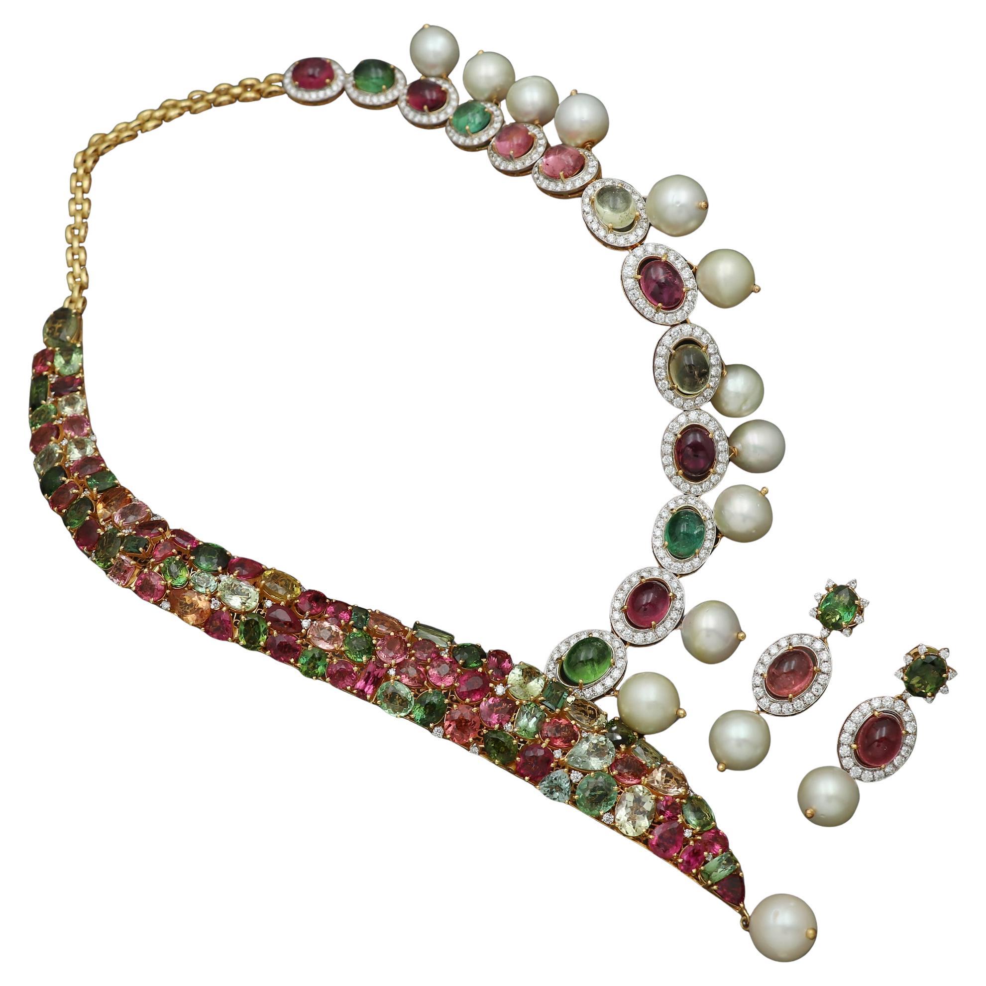 Collier de trois pièces serti de diamants et tourmaline rose verte de 330 carats en vente 4