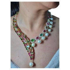 Juego de collar de diamantes de turmalina rosa verde de 330 quilates, juego de tres piezas