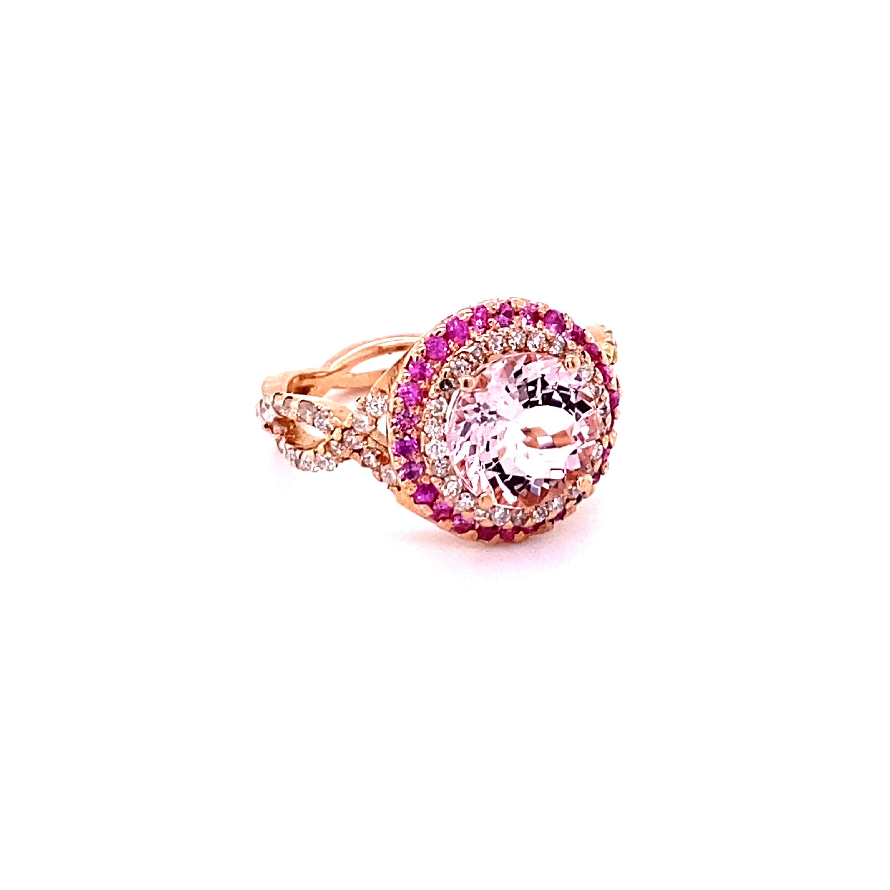 A lovely Engagement Ring Option or as an alternate to a Pink Diamond Ring! A Stunning Statement. 

This gorgeous and classy Morganite Diamond Ring has a 2.24 Carat Round Cut Pink Morganite and has a Halo of 80 Round Cut Diamonds that weigh 0.70