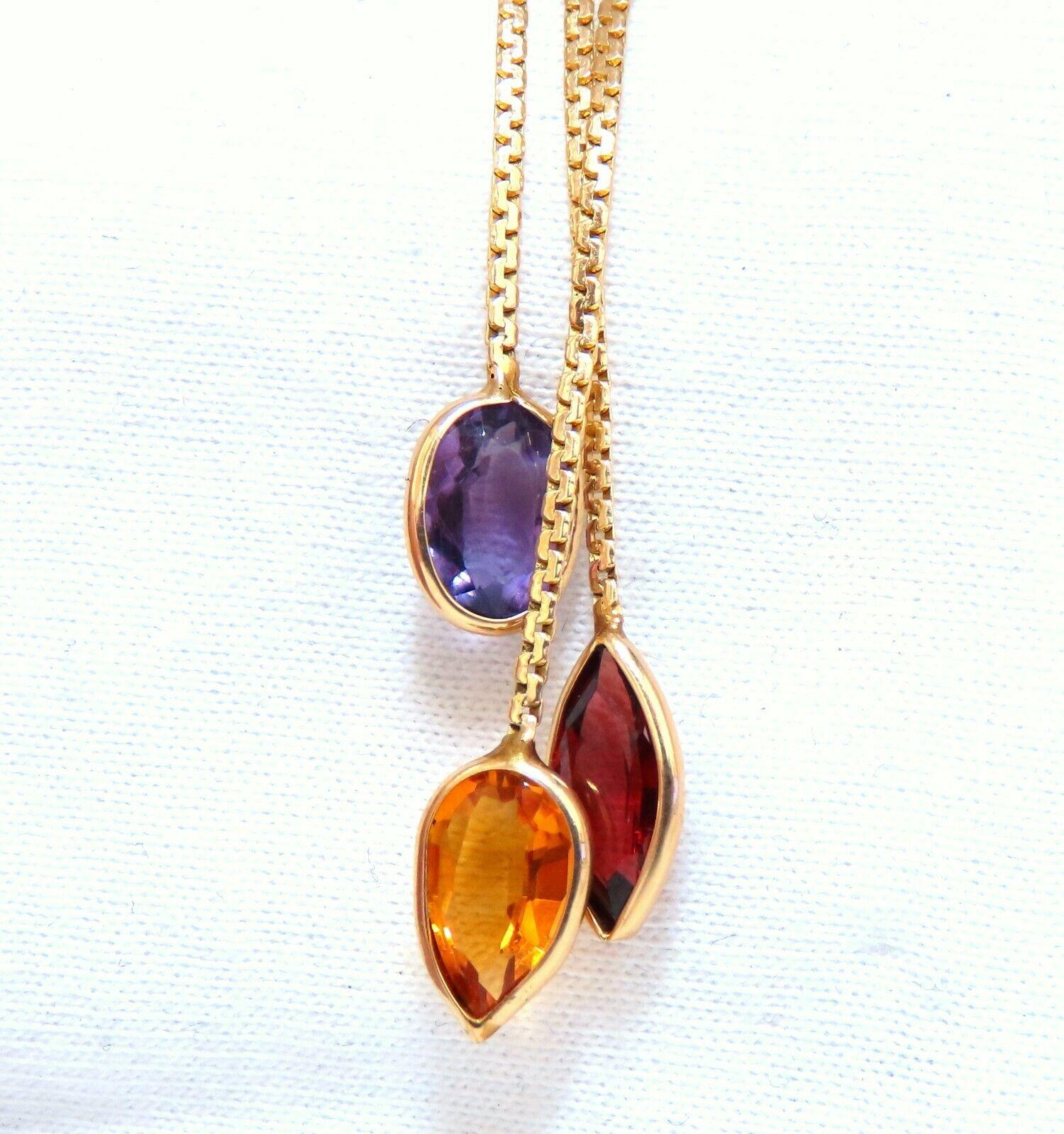 3.30 carat natural amethyst Garnet citrine dangling necklace 14 karat In New Condition In New York, NY