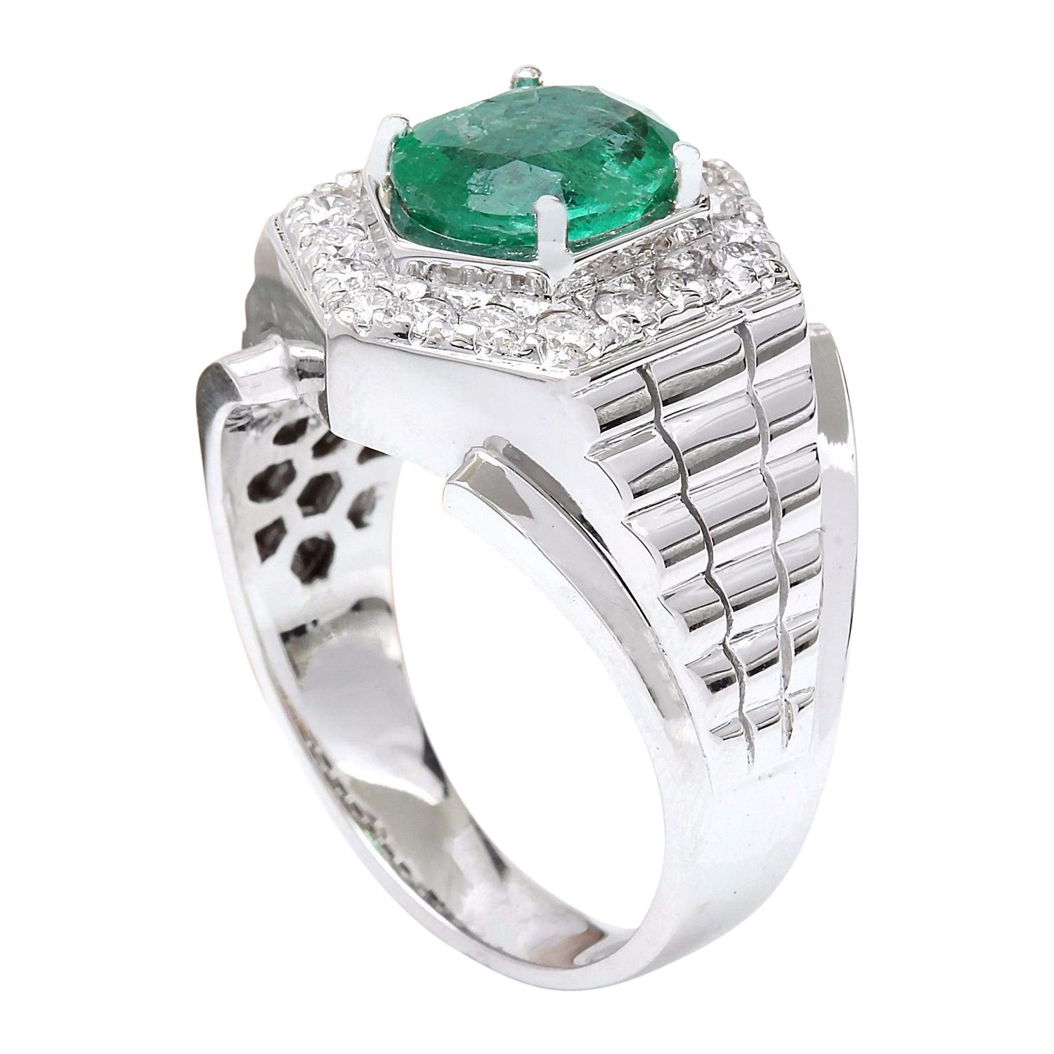 Men Emerald Diamond Ring In 14 Karat Solid White Gold  In New Condition In Manhattan Beach, CA
