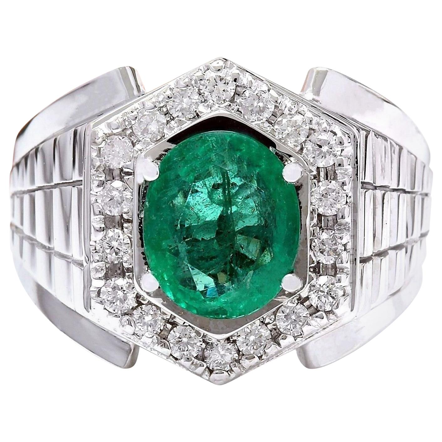 Men Emerald Diamond Ring In 14 Karat Solid White Gold 