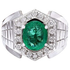 Used Men Emerald Diamond Ring In 14 Karat Solid White Gold 
