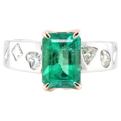  3.30 Carat Natural Emerald and Diamond Ring Set in Platinum and 18K Gold