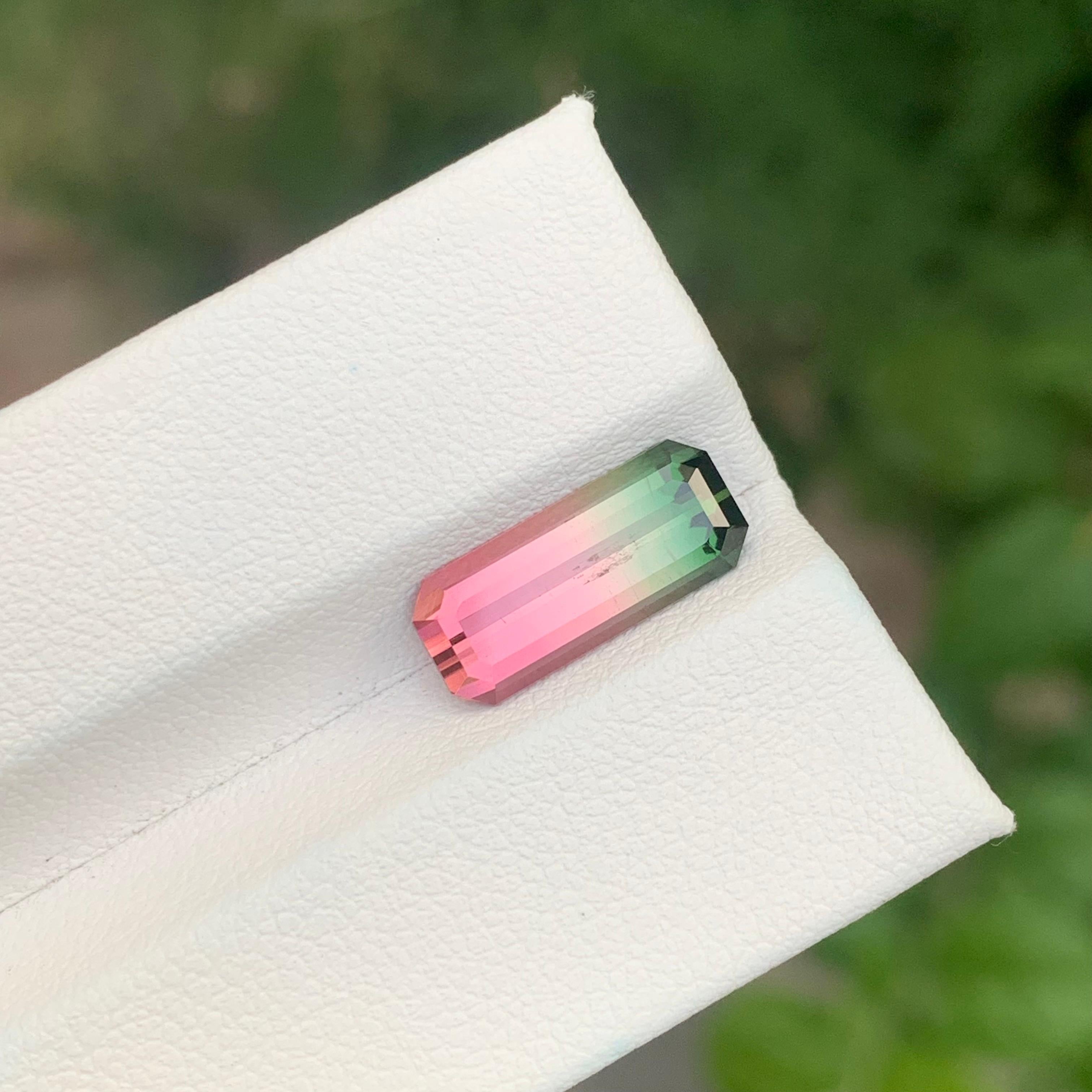 Arts and Crafts 3.30 Carat Natural Loose Parti Tourmaline Long Emerald Shape Gemstone For Sale