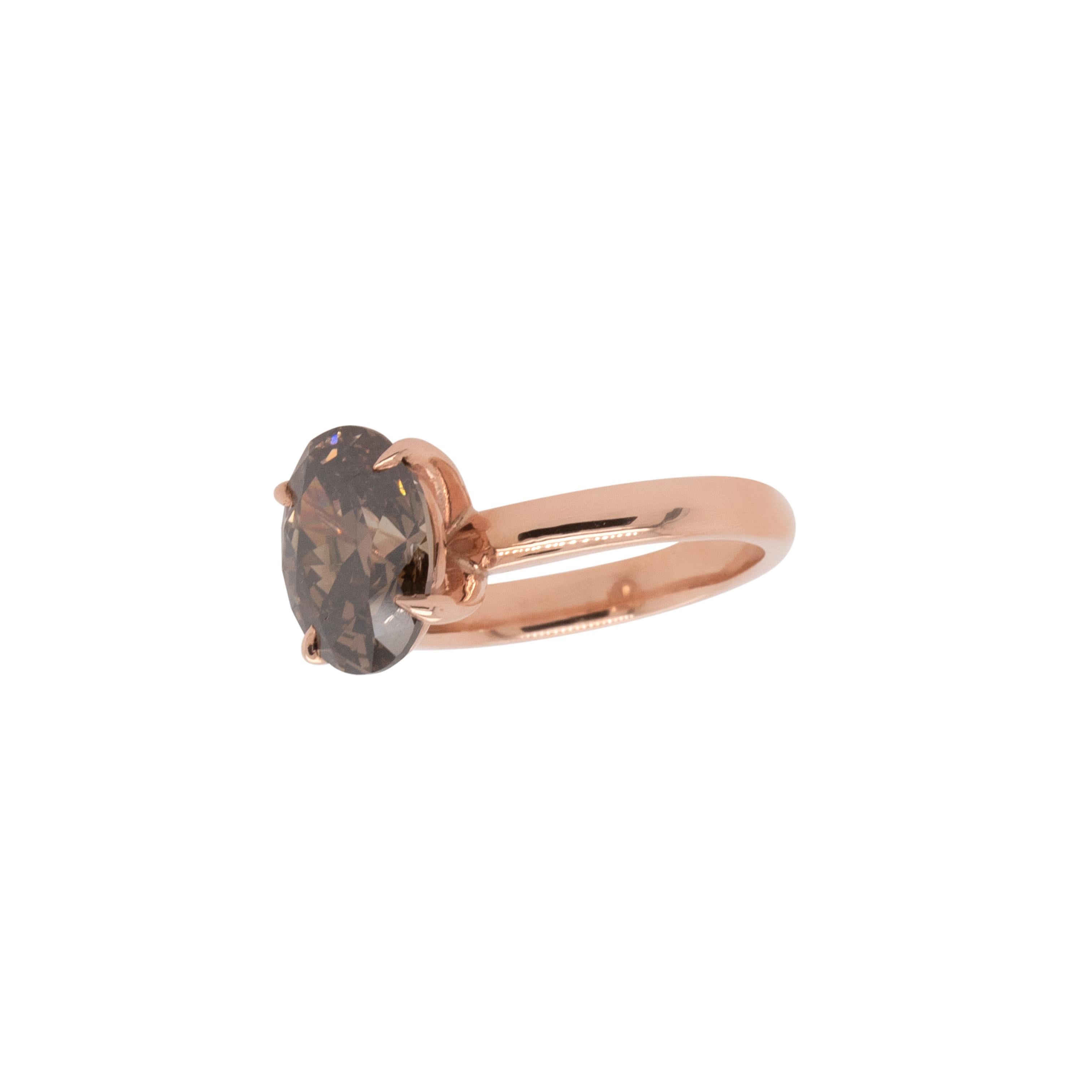 Anillo solitario de diamante marrón fantasía de corte oval natural de 3,30 quilates en venta 2