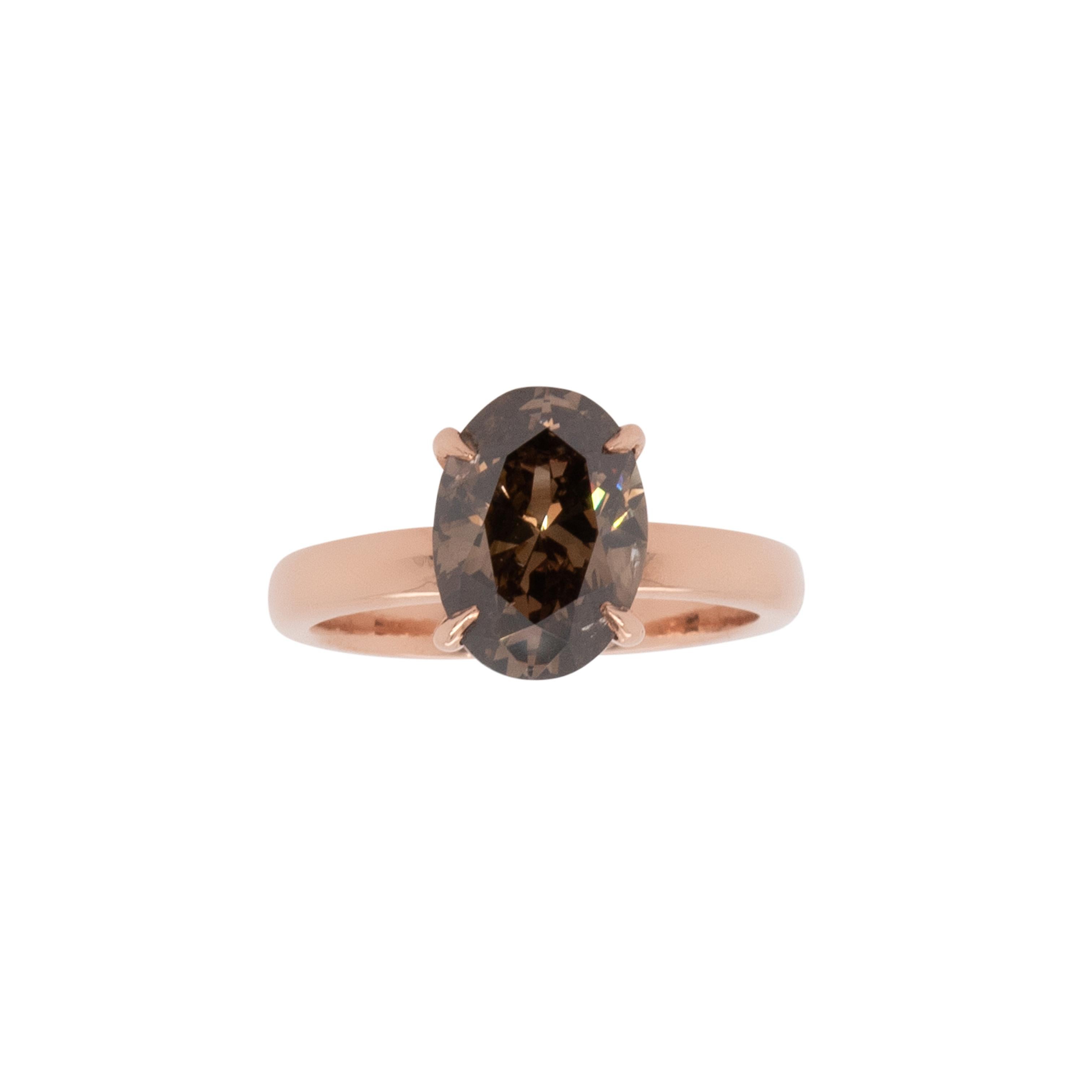 Anillo solitario de diamante marrón fantasía de corte oval natural de 3,30 quilates en venta 3