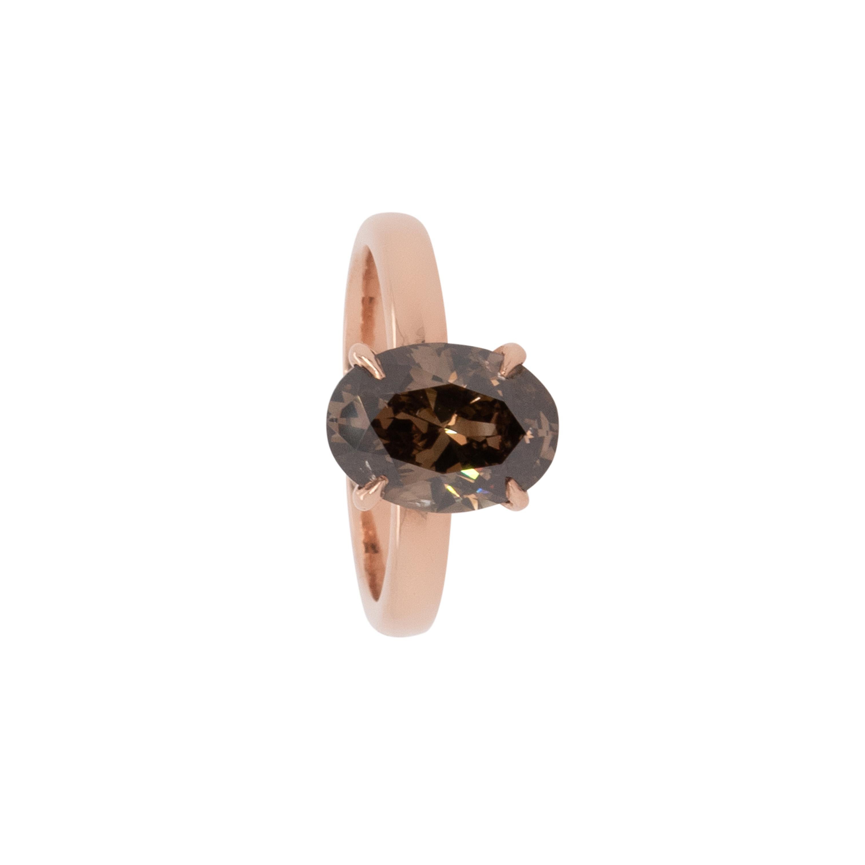Anillo solitario de diamante marrón fantasía de corte oval natural de 3,30 quilates en venta 5