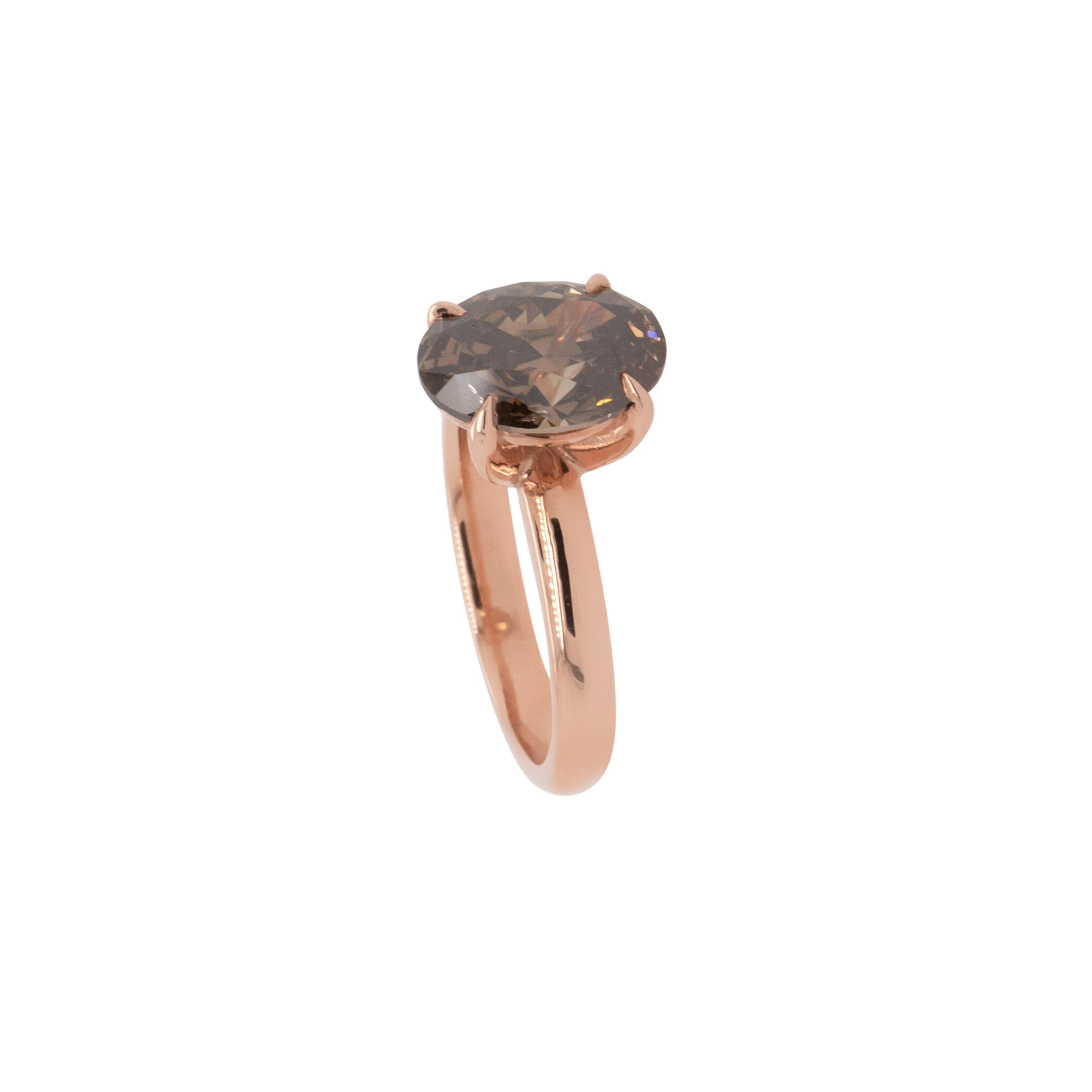 Anillo solitario de diamante marrón fantasía de corte oval natural de 3,30 quilates en venta 6