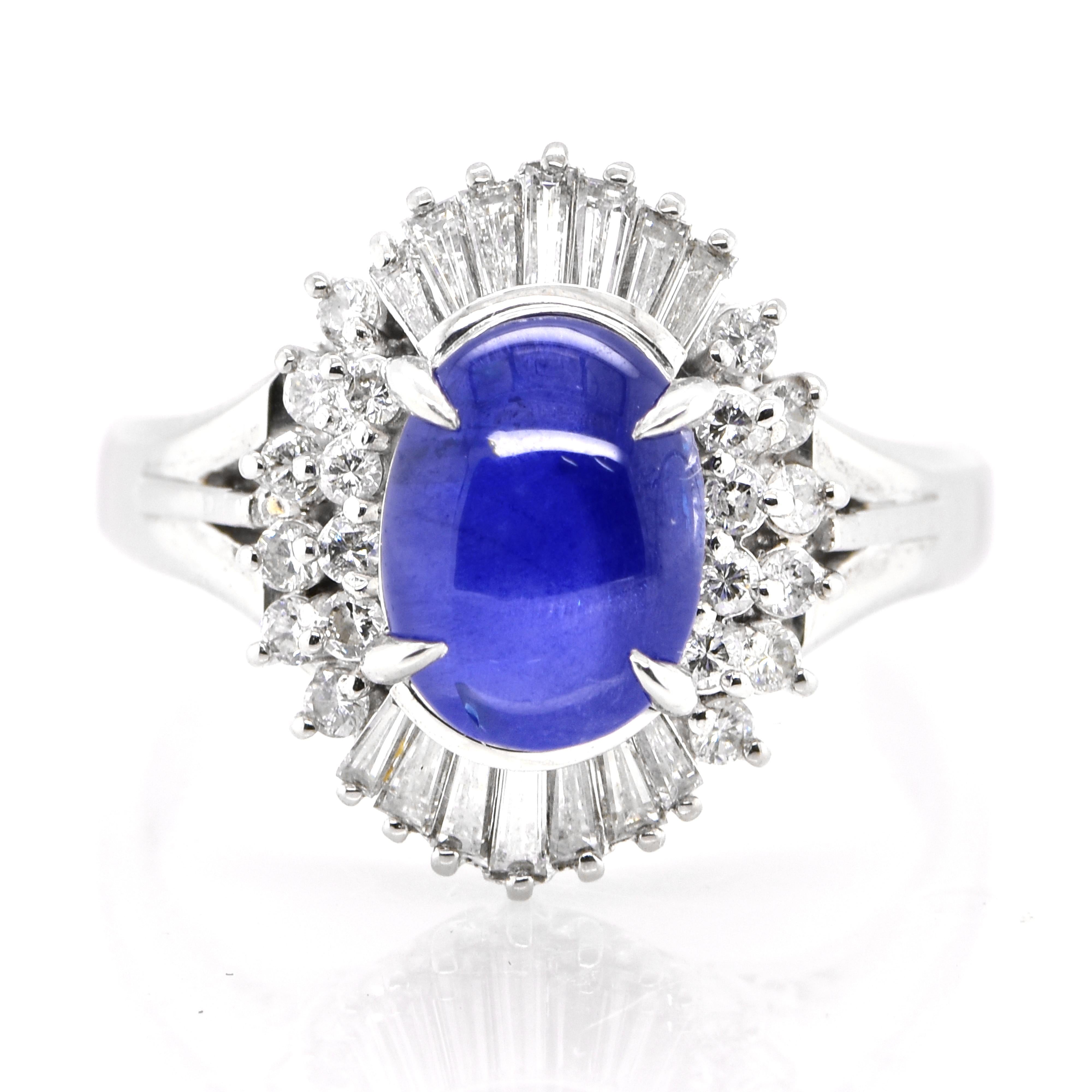 A beautiful ring featuring 3.305 Carat Natural Blue Star Sapphire and Diamond Accents set in Platinum. Sapphires have extraordinary durability - they excel in hardness as well as toughness and durability making them very popular in jewelry.