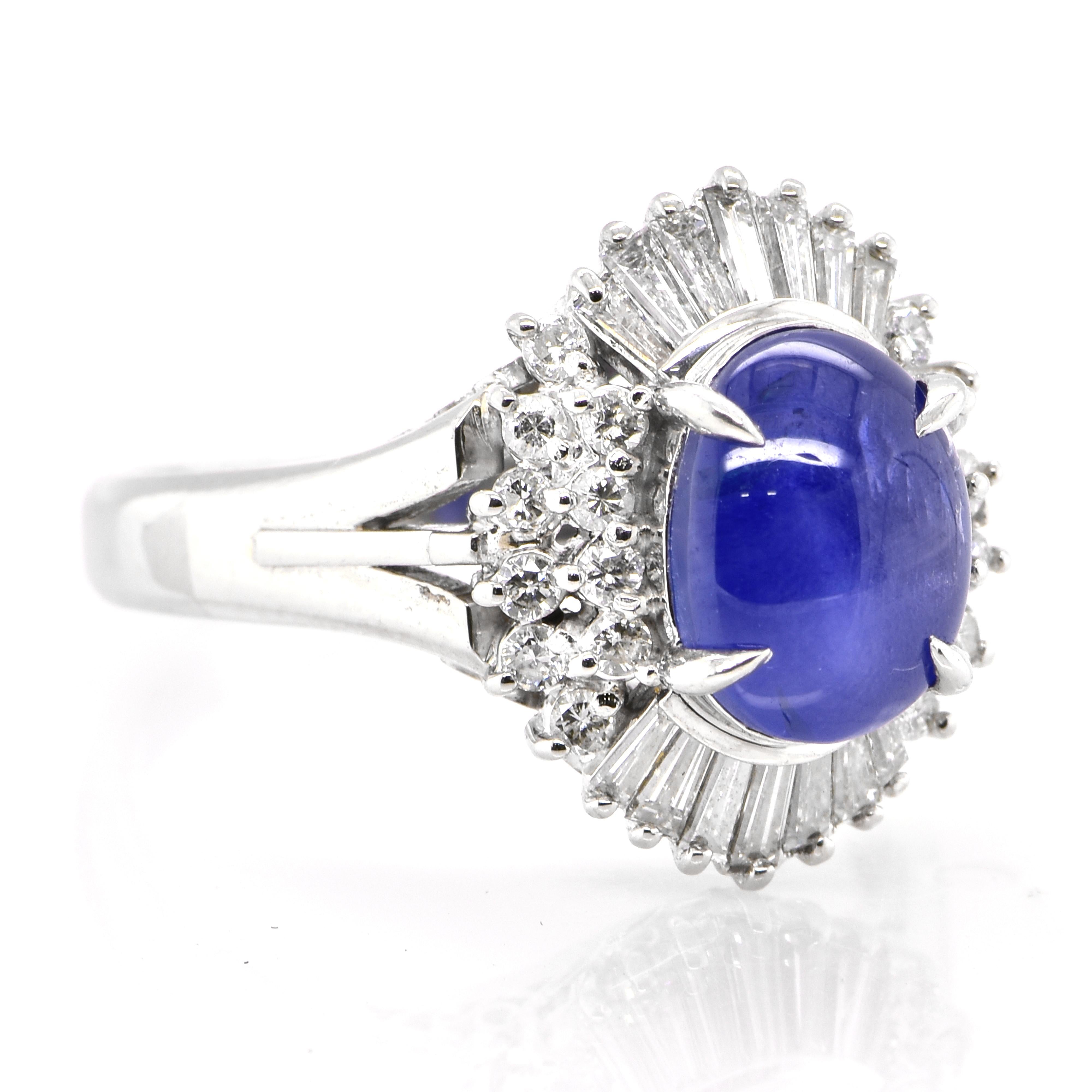 Cabochon 3.30 Carat Natural Star Sapphire and Diamond Ballerina Ring Made in Platinum