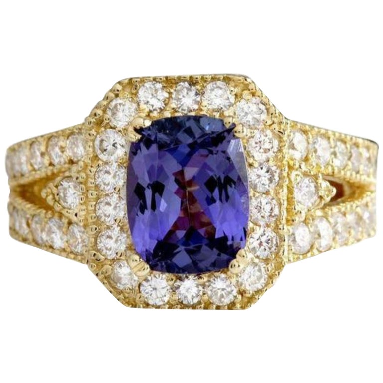 Bague De Fiançailles/mariage En Or Blanc 14k Avec Tanzanite Naturelle Et Diamants - Sur Mesure