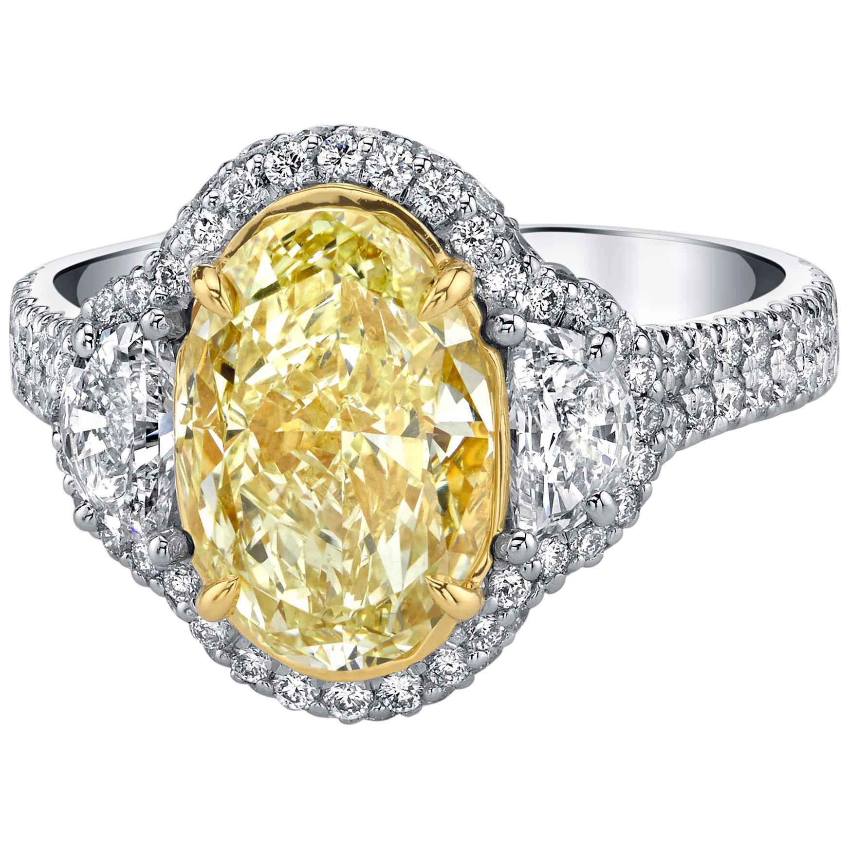 EGL Certified 3.30 Carat Oval Fancy Yellow Diamond Ring