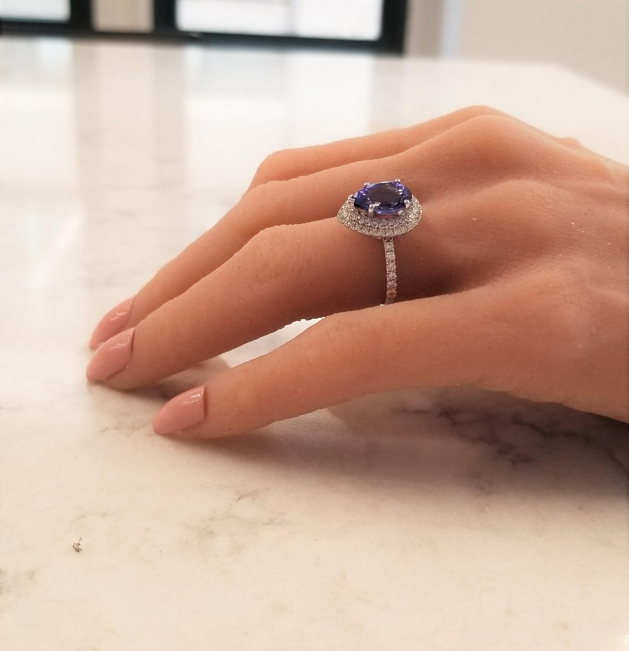 A 3.30 carat pear shaped tanzanite, prong set, measures 11.72 X 9.64mm. The gem source is near the foothills of Mt. Kilimanjaro in Tanzania. The intense blue-violet color resembles fine blue sapphire. The saturation is what you want; its