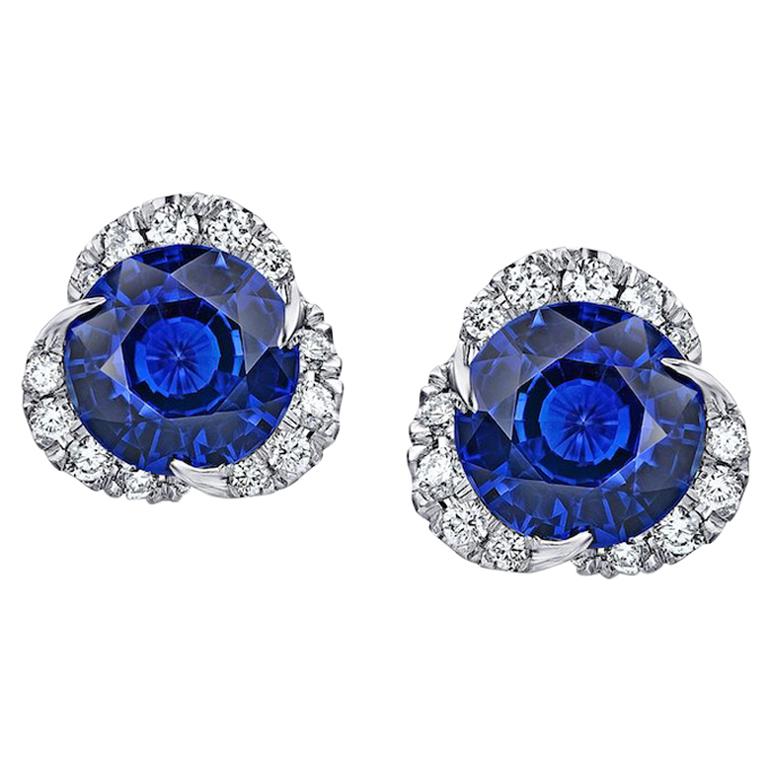 3.30 Carat Round Blue Sapphire and Diamond Halo Platinum Earrings